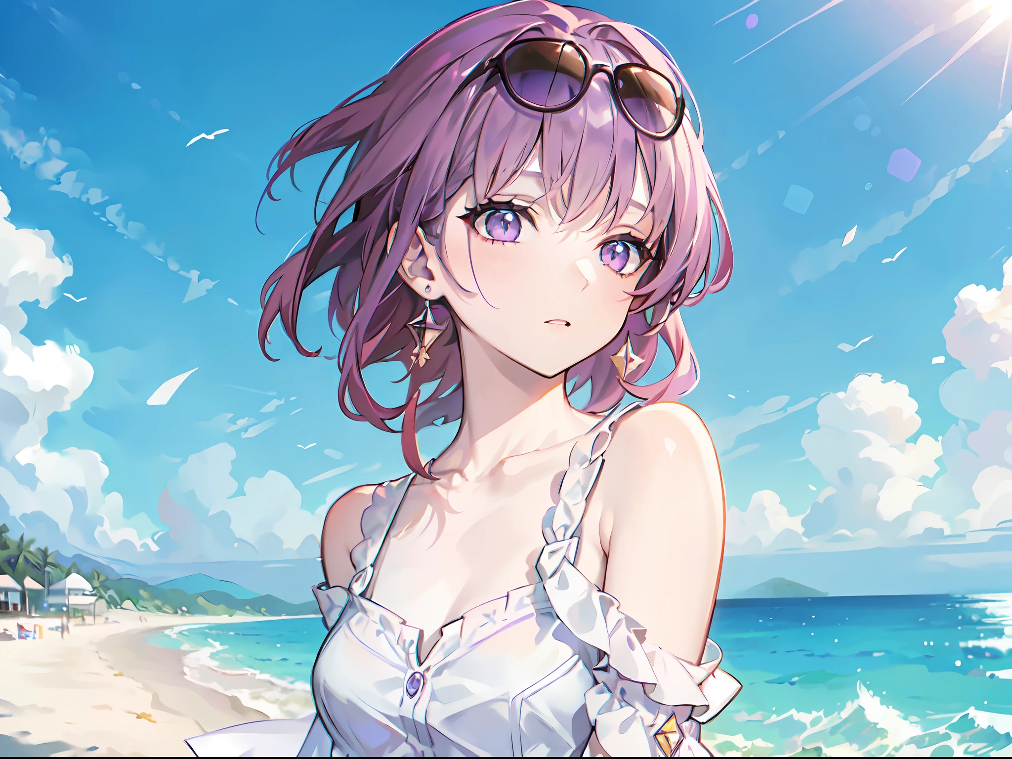 female, (solo:1.2), ((masterpiece)), ((pale skin)), ((detailed eyes)), (bokeh effect), (dynamic angle), dynamic pose, purple hair, purple eyes, ((summer dress)), ((shore)), beach, (casual), vacation, ((off shoulders)), (bare shoulders), ((collarbone))