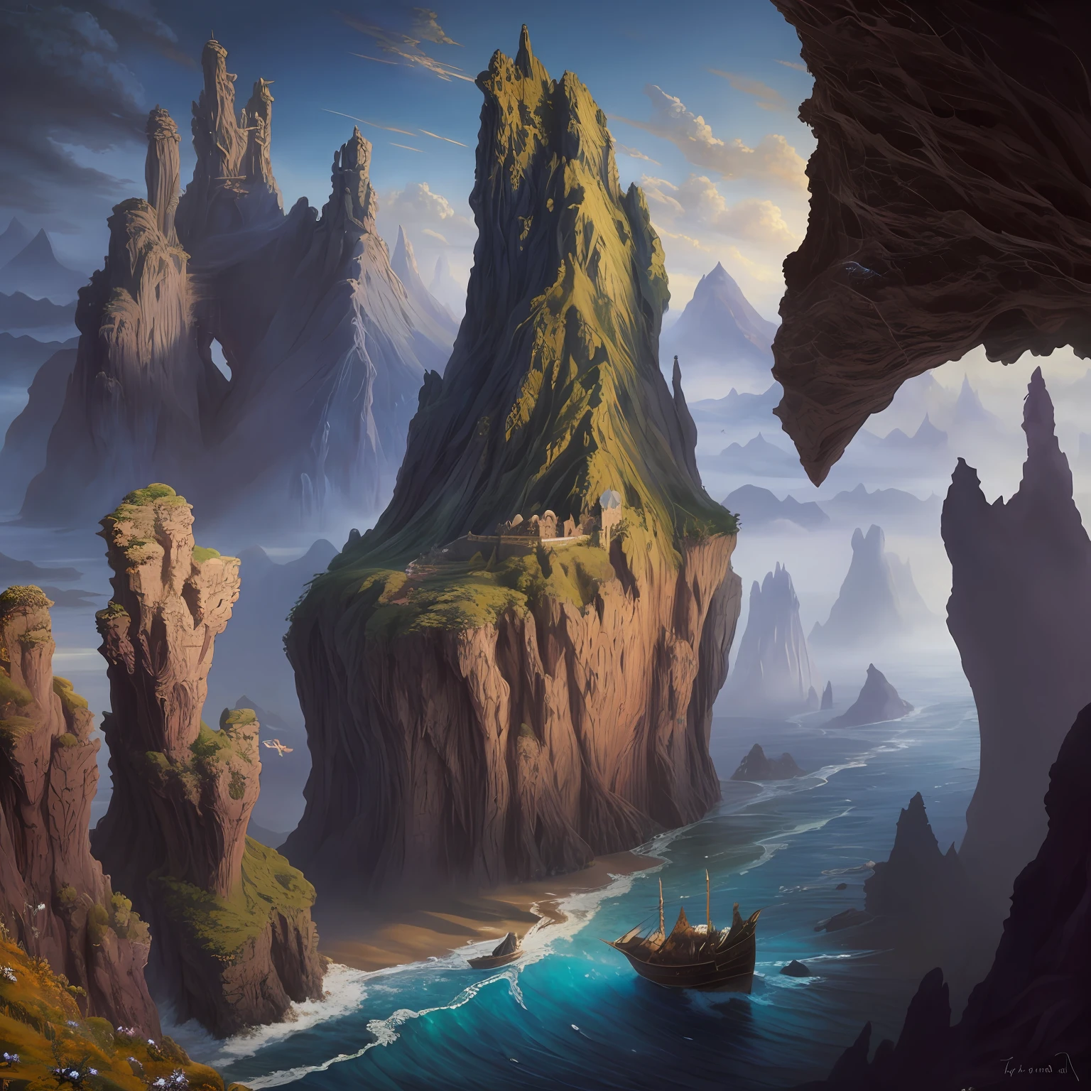 pintura de uma montanha com um castelo no topo dela, arte fantasia behance, pintura fosca em estilo fantasia, illustration matte painting, Pintura digital de fantasia, Andreas Rocha e John Howe, alta fantasia pintura fosca, Fantasia pintura fosca, breathtaking fantasy art, paisagem de arte de fantasia, Arte de fantasia grande angular, Fantasia pintura fosca,fofo, realistic fantasy illustration, Arte de fantasia 4k