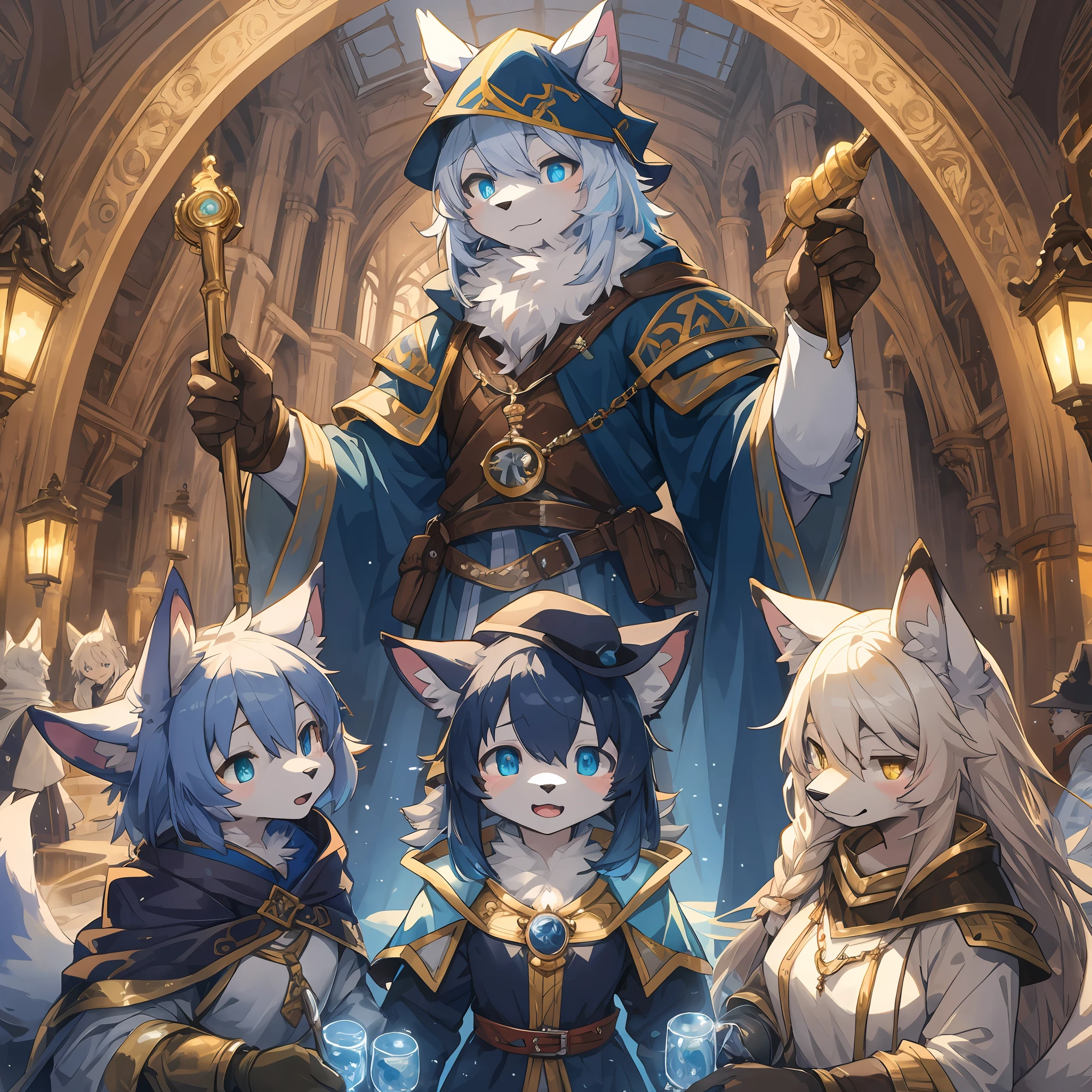 dynamic angle, top quality, best quality, High-quality illustrations, masterpiece, super high resolution, detailed background, detailed background, alchemist, medieval Europe, Luminous, chandelle, group shot:0.1, 6+boys, 6+girls, absurdres(highly detailed beautiful face and eyes)perfect anatomy, expression, good lighting, cinematic shadow(kemono, furry anthro),