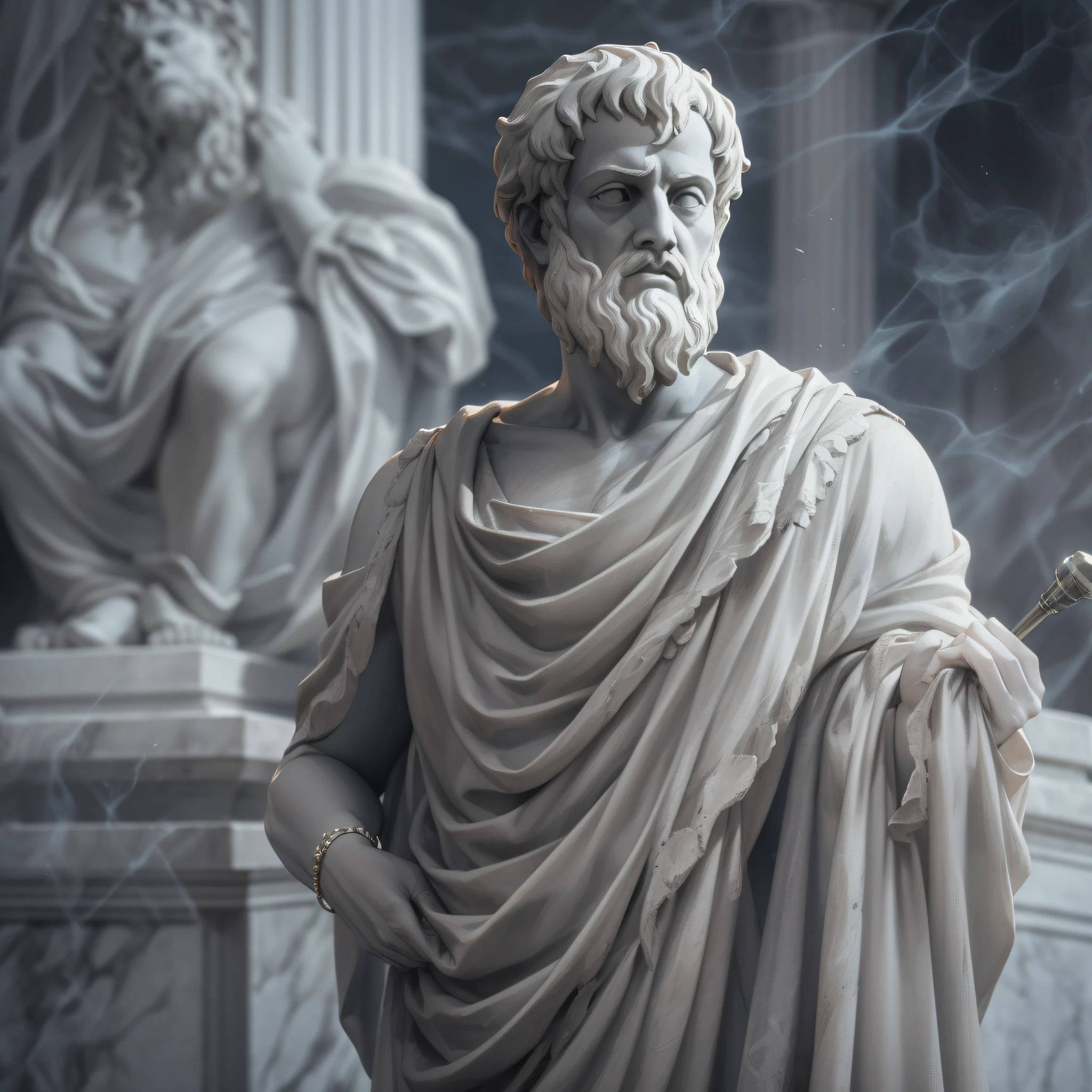 A realistic Greek white marble statue of aristotle brave scary detailed wearing a ghostly toga, fundo neutro, Moody, , fotorrealista, Scary Movie Dinner, super detalhada, hiper realista, luzes brilhantes, 8 K