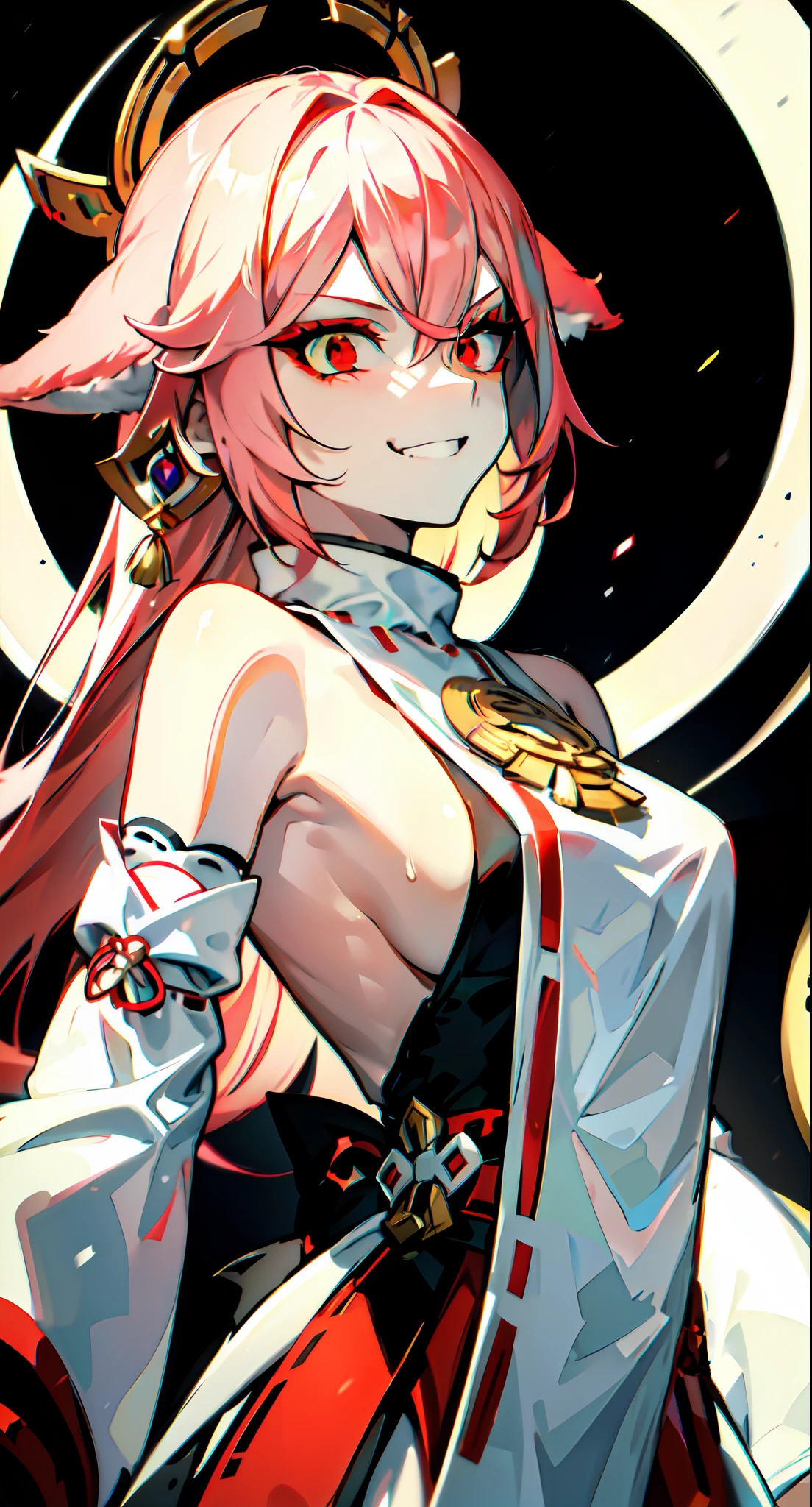 1girl, animal_ears, bangs, (bare_shoulders:1.1), detached_sleeves, looking_at_viewer, (red_eyes:1.2), (sideboob:1.2), sky, smile, (solo:1.2), (wide_sleeves:1.2), ((masterpiece)), ((pale skin)), (bokeh effect), (dynamic angle), dynamic pose, (blurry_background:1.2), (white_hair:1.3), (miko_priestess:1.3), (evil_theme:1.4), grin, (smirk:1.2), black_attire