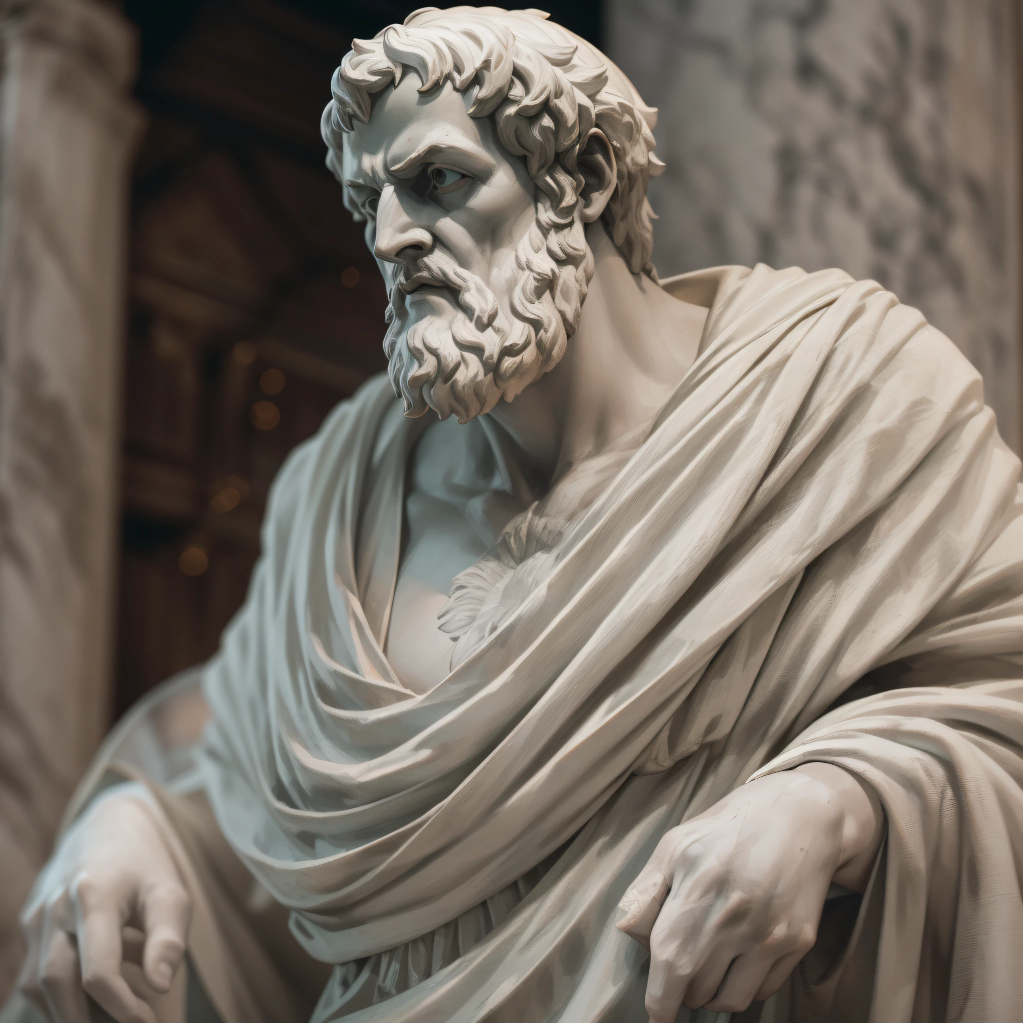 A realistic Greek white marble statue of aristotle brave scary detailed wearing a ghostly toga, fundo neutro, Moody, , fotorrealista, Scary Movie Dinner, super detalhada, hiper realista, luzes brilhantes, 8 K