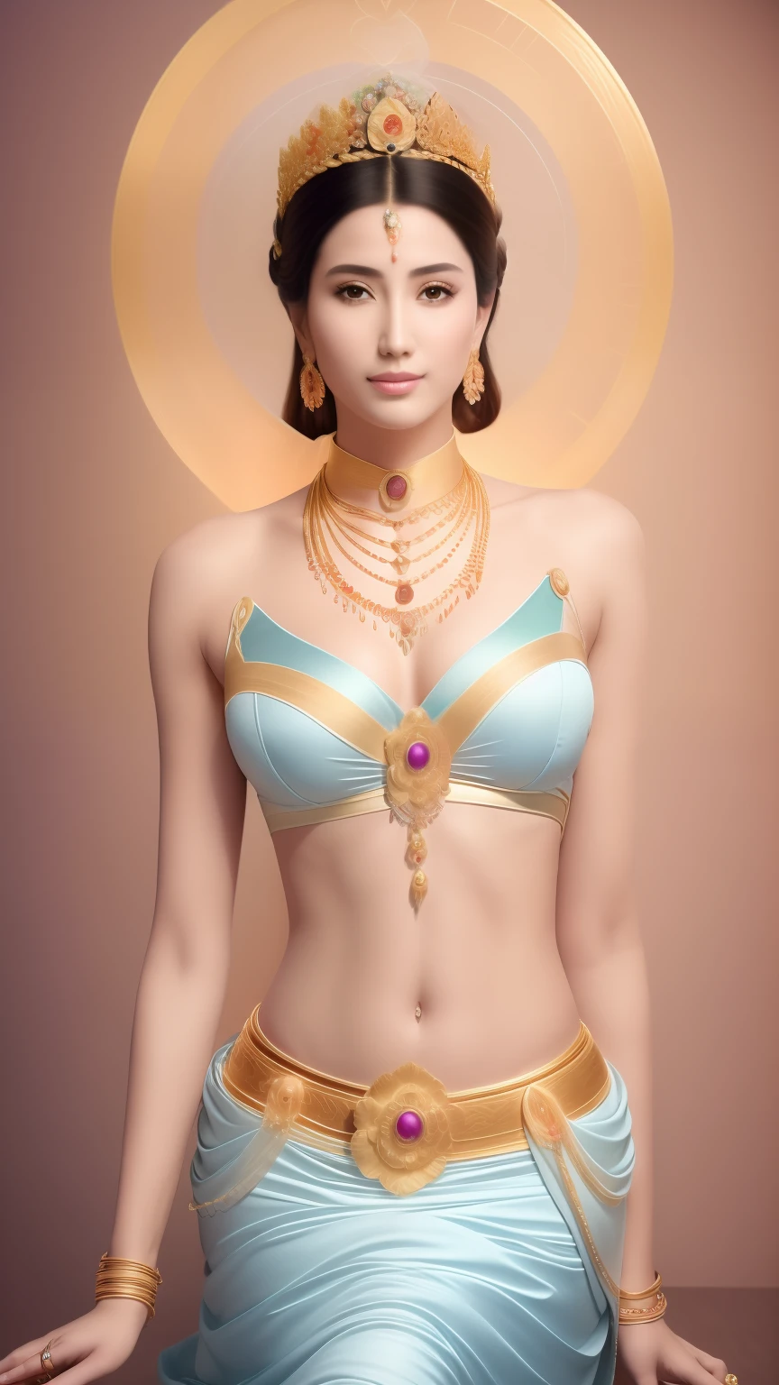 Venus, Goddess of beauty,fresh flowers,Refreshing and blue,Hair hanging down the shoulders,A delicate and ornate crown,inlaid gemstones,((long hair flowing)),choker necklace,Yingluo,Fair and delicate skin,bangle,ankle bracelets,flowing clouds,fresh flowers,(nice hand),(Good feet),(good legs),realisticlying,white skinned,no-bra,The chest is covered with streamers,Blowing in the wind,Kim Yingluo belt,Silk skirt floating,((Correct body structure)),decorated in white,with blue sky and white clouds,Clean skies,Head background with round light,Behind him is a faint rainbow circle,Front lighting,No shadows on the face,Unreal space,ethereal world,dreamworld,tmasterpiece,4K,ultra-definition,professional photoshooting,