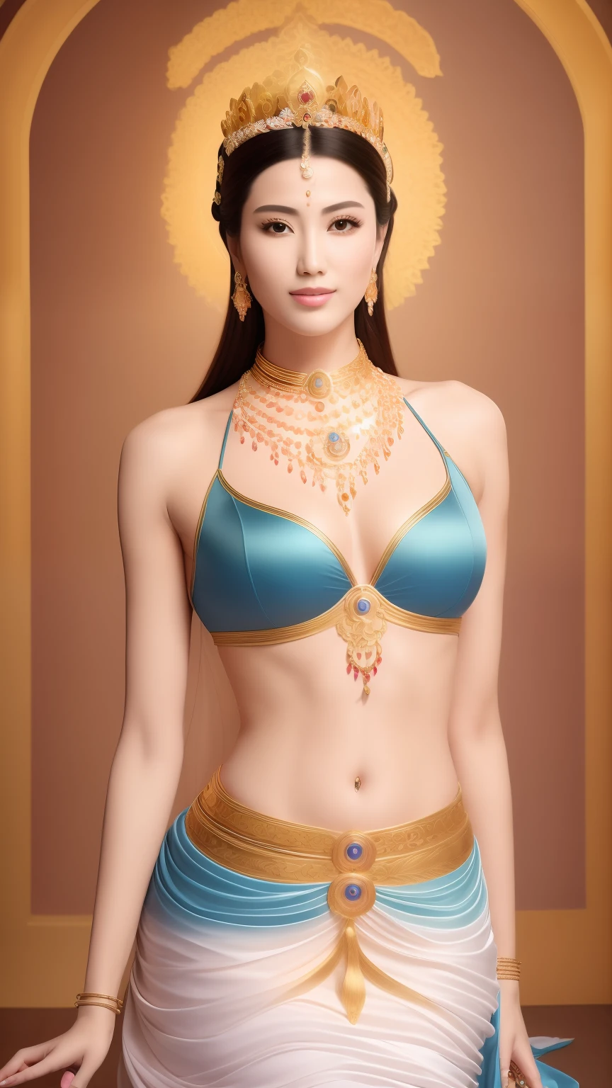 Venus, Goddess of beauty，fresh flowers，Refreshing and blue，Hair hanging down the shoulders，A delicate and ornate crown，inlaid gemstones，（（long hair flowing）），choker necklace，Yingluo，Fair and delicate skin，bangle，ankle bracelets，flowing clouds，fresh flowers，（nice hand），（Good feet），（good legs），realisticlying，white skinned，no-bra，The chest is covered with streamers，Blowing in the wind，Kim Yingluo belt，Silk skirt floating，（（Correct body structure）），decorated in white，with blue sky and white clouds，Clean skies，Head background with round light，Behind him is a faint rainbow circle，Front lighting，No shadows on the face，Unreal space，ethereal world，dreamworld，tmasterpiece，4K，ultra-definition，professional photoshooting，