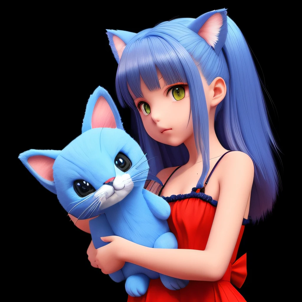 Araffe with blue hair holding a blue stuffed cat in his arms, render de uma mulher de anime 3d bonito corpo inteiro , gato bonito muito bonito, anime estilo 3d, mulher anime com orelhas de gato de pelucia , mulher gato anime muito bonita, gato jovem bonito, 3 d anime realista, menina anime 3d, gato pelucia anime , camisa vermelho, , sad, Art Hoe, Lithography, wide-angle, Redshift rendering, High contrast, Collage, chintzy colors, Grifes, glowing radioactively lighting, Ultra-realistic, highly detailed, natural lighting, ocean environment, Unity engine, 8k