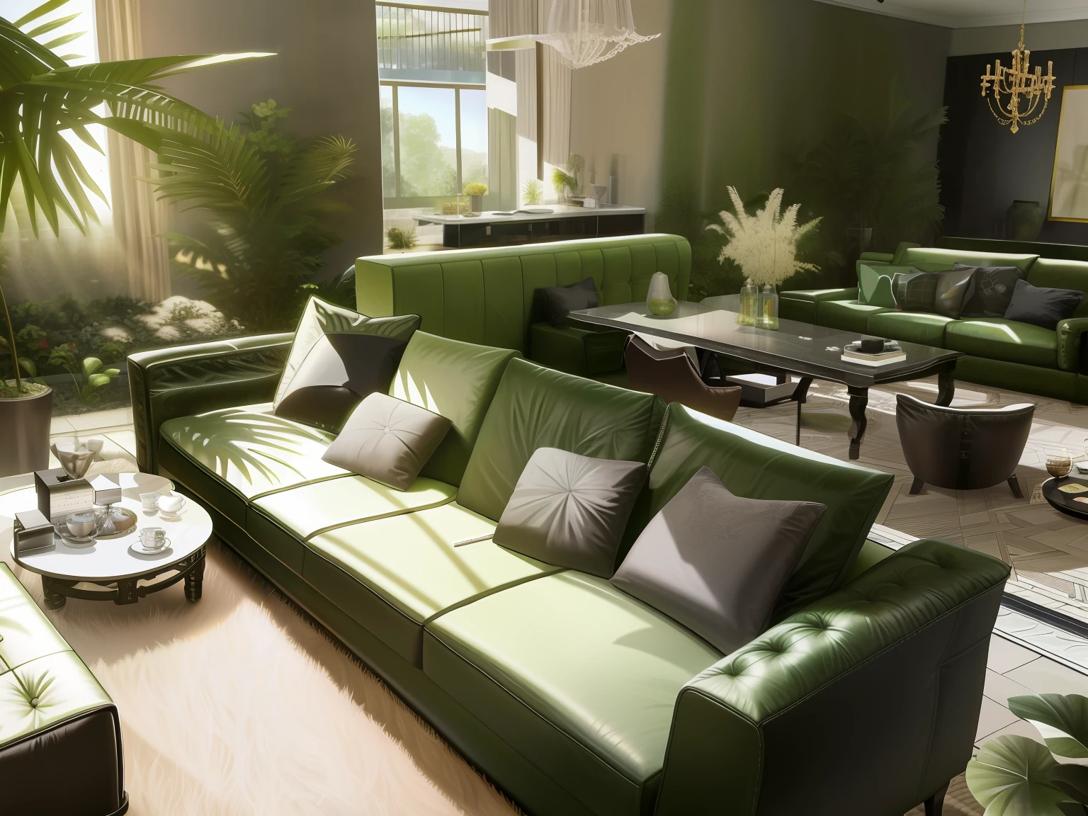 There is a green sofa with pillows in the living room, A leather sofa, Leather sofa, sofe, lounge room, furniture and decor, large couch, A leather sofa, eora, 2019, 2 0 1 9, luxurious furniture, sofe, placed in a large living room, Living room, lounging on expensive sofa, Vivid), george, ellegance,Sunlight hits the house