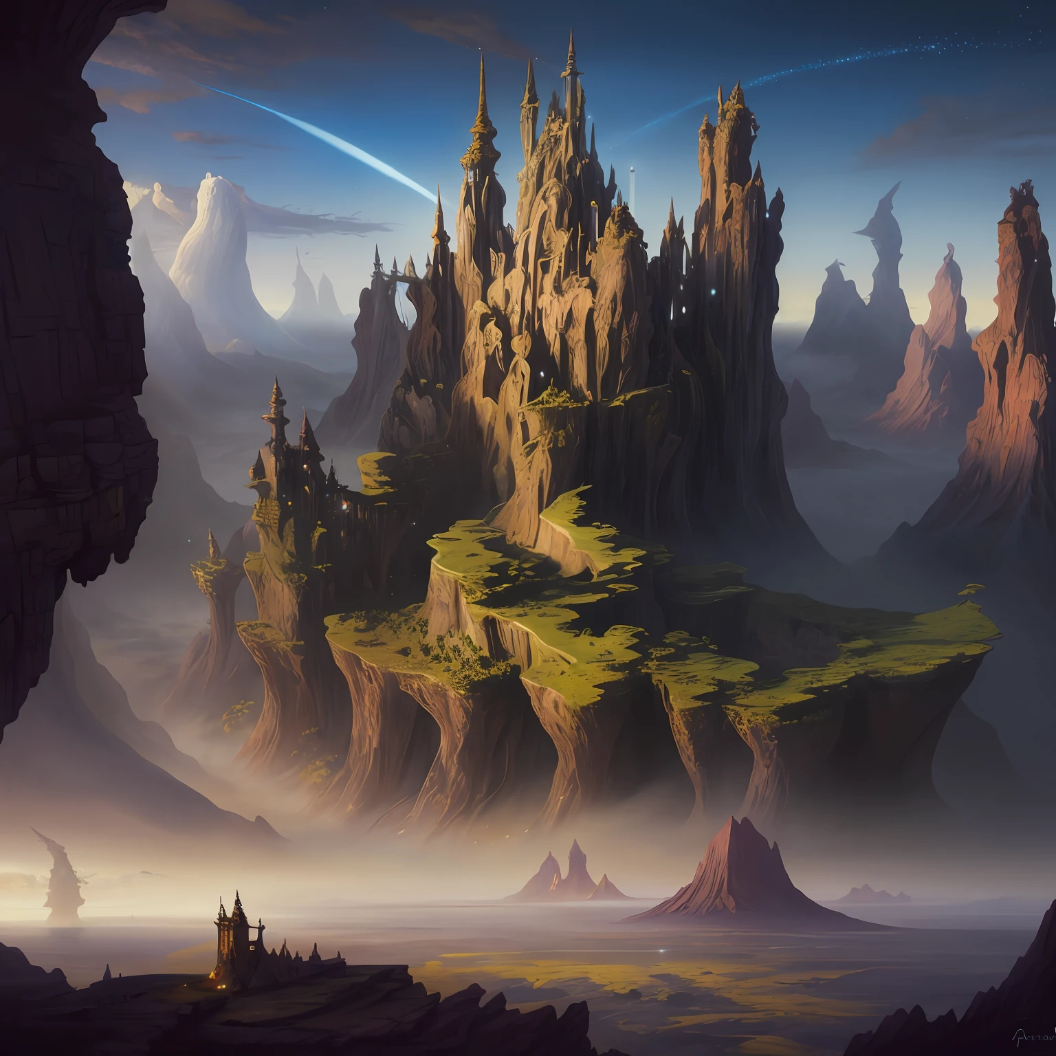 pintura de uma montanha com um castelo no topo dela, arte fantasia behance, pintura fosca em estilo fantasia, illustration matte painting, Pintura digital de fantasia, Andreas Rocha e John Howe, alta fantasia pintura fosca, Fantasia pintura fosca, breathtaking fantasy art, paisagem de arte de fantasia, Arte de fantasia grande angular, Fantasia pintura fosca,fofo, realistic fantasy illustration, Arte de fantasia 4k