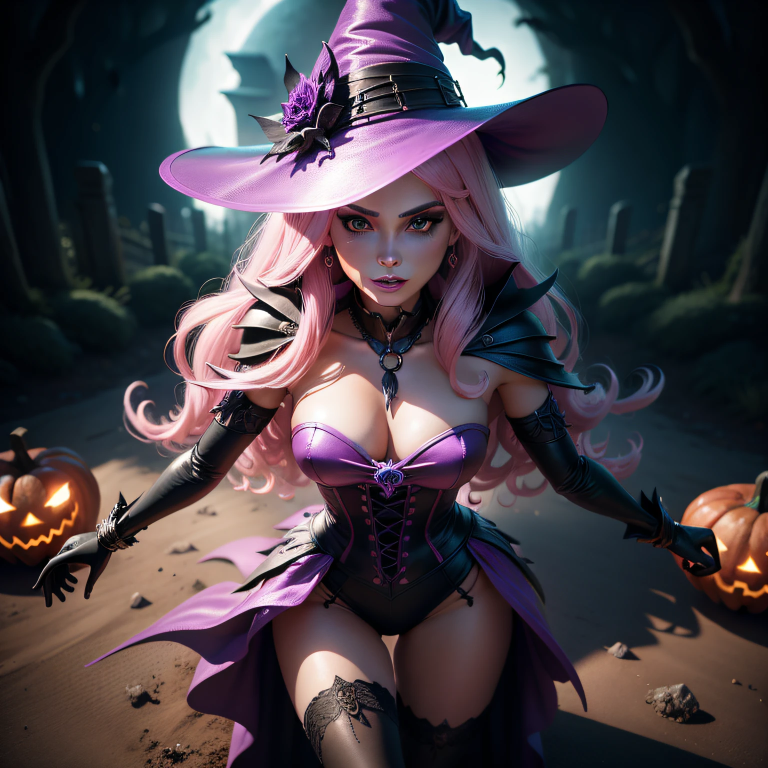 Describe Barbie transforming into a powerful witch for a Halloween costume party, Ultra realism, color field printing, high detail, UHD, 8k, anatomically correct, cinematic lighting 4d quality