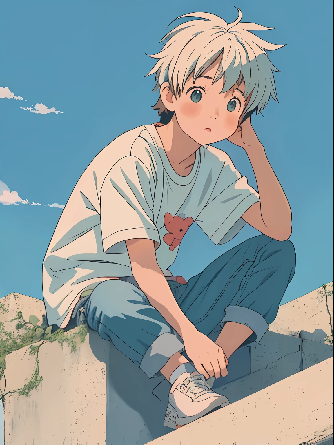 anime boy sitting on a ledge with stuffed animals, cute art style, lofi artstyle, white hair, blue eyes, cute detailed digital art, anime aesthetic, cute anime, high quality anime artstyle, anime boy, anime artstyle, cute detailed artwork, soft anime illustration, lofi girl, lofi aesthetic, lofi art, lofi, cute artwork, high quality fanart, illustrated anime
