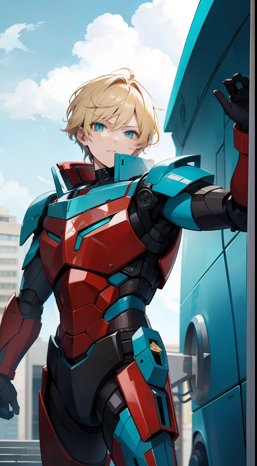 Young guy, short blonde hair, Cyan eyes, Autobot's red armor, Masterpiece, hiquality