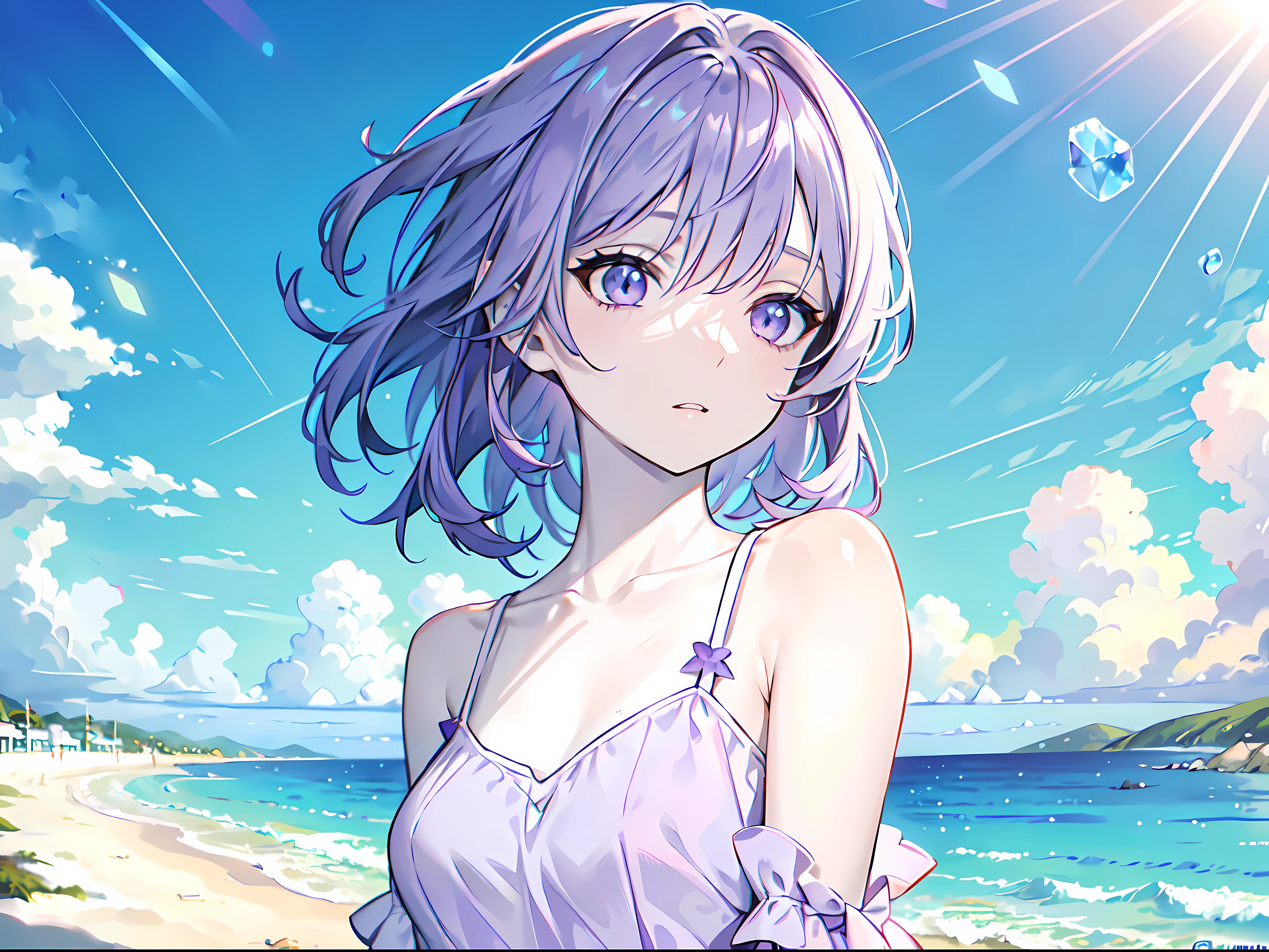 female, (solo:1.2), ((masterpiece)), ((pale skin)), ((detailed eyes)), (bokeh effect), (dynamic angle), dynamic pose, purple hair, purple eyes, ((summer dress)), ((shore)), beach, (casual), vacation, ((off shoulders)), (bare shoulders), ((collarbone))