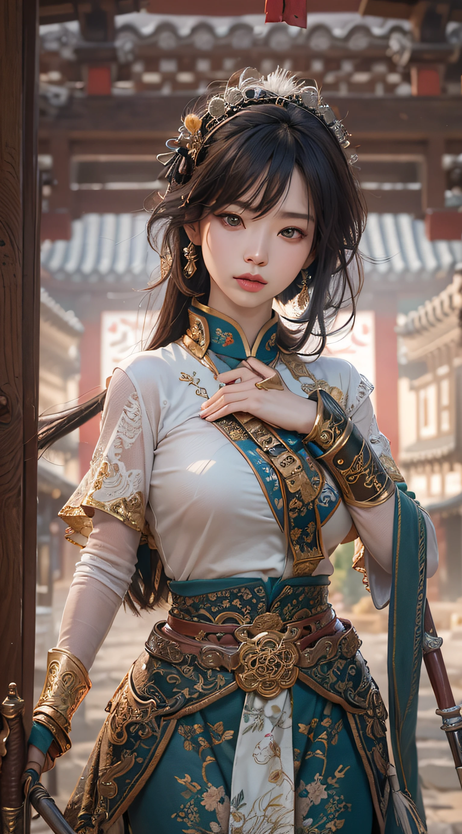 Best quality,masterpiece,ultra high res,(photorealistic:1.4),xiuxian,weapon,Detailed face, 1girl,solo,weapon,cleavage,(magic circle:1.2),xiuxian,upper body,Beautiful girl,full body,huge breasts,east asian architecture,sheath,architecture,