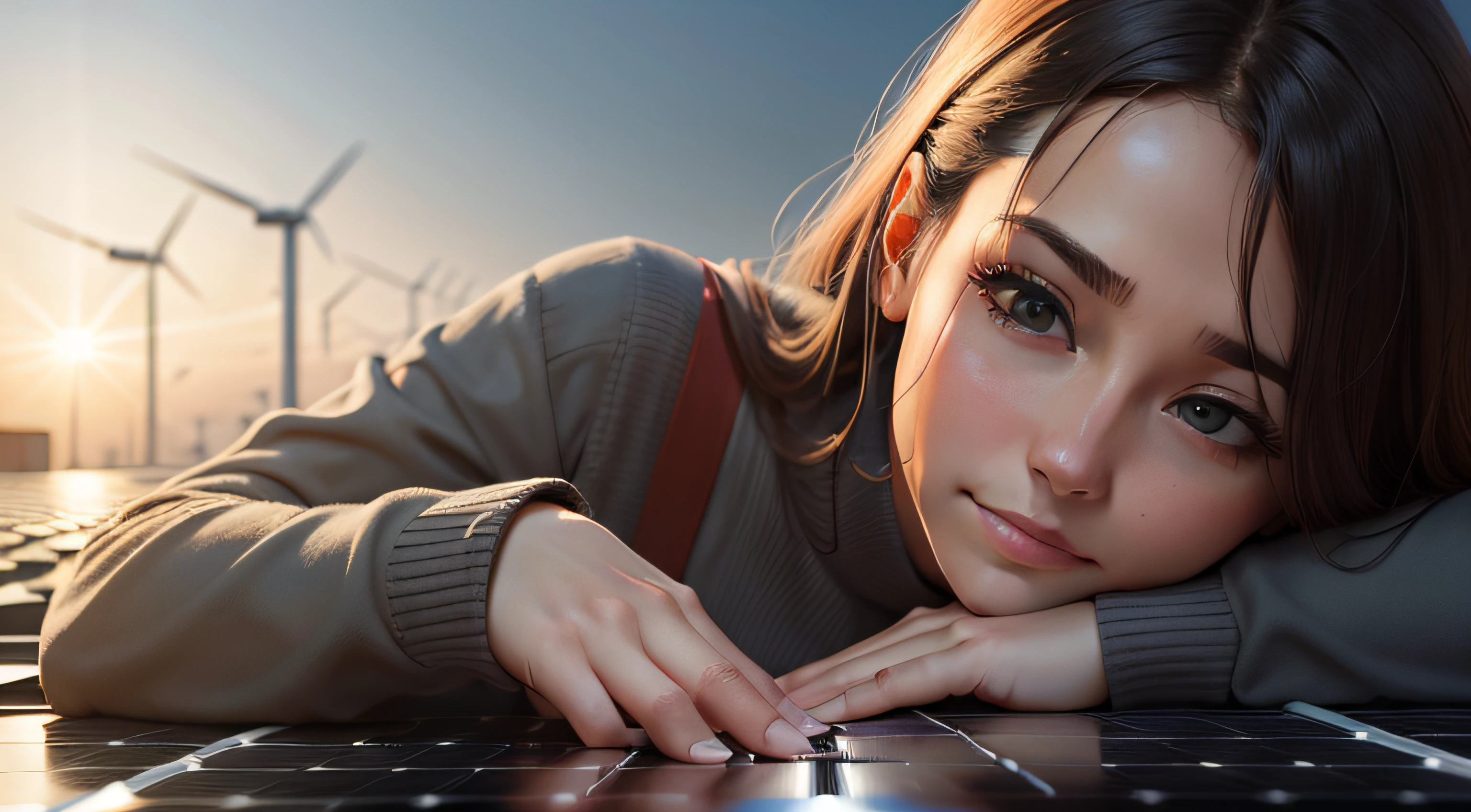 Close-up shot of a woman gently caressing the solar panels on the rooftop.