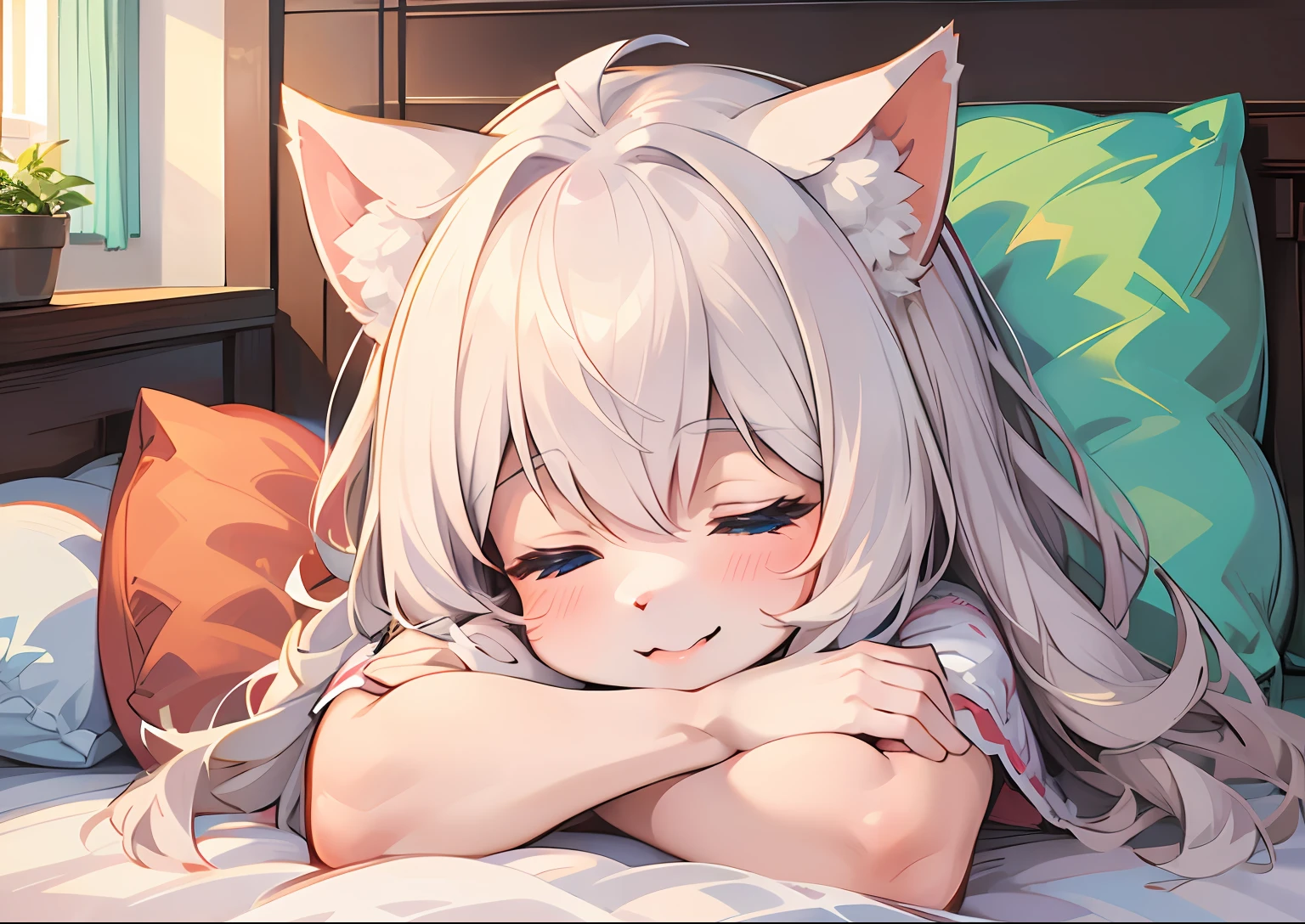 (High quality, Best Quality, anthro:1.4), (detailed closeup solo waist up body portrait of a mature female catgirl sleepeace wearing white pajamas with head on pillow:1.2), Arms crossed, depth of fields, White cat ears, White cat tail, White fur, White skin, white tuft, Cute face, medium breasts, well-drawn hands, an legs, Cozy, Eyes closed, Indoors, Bedroom,