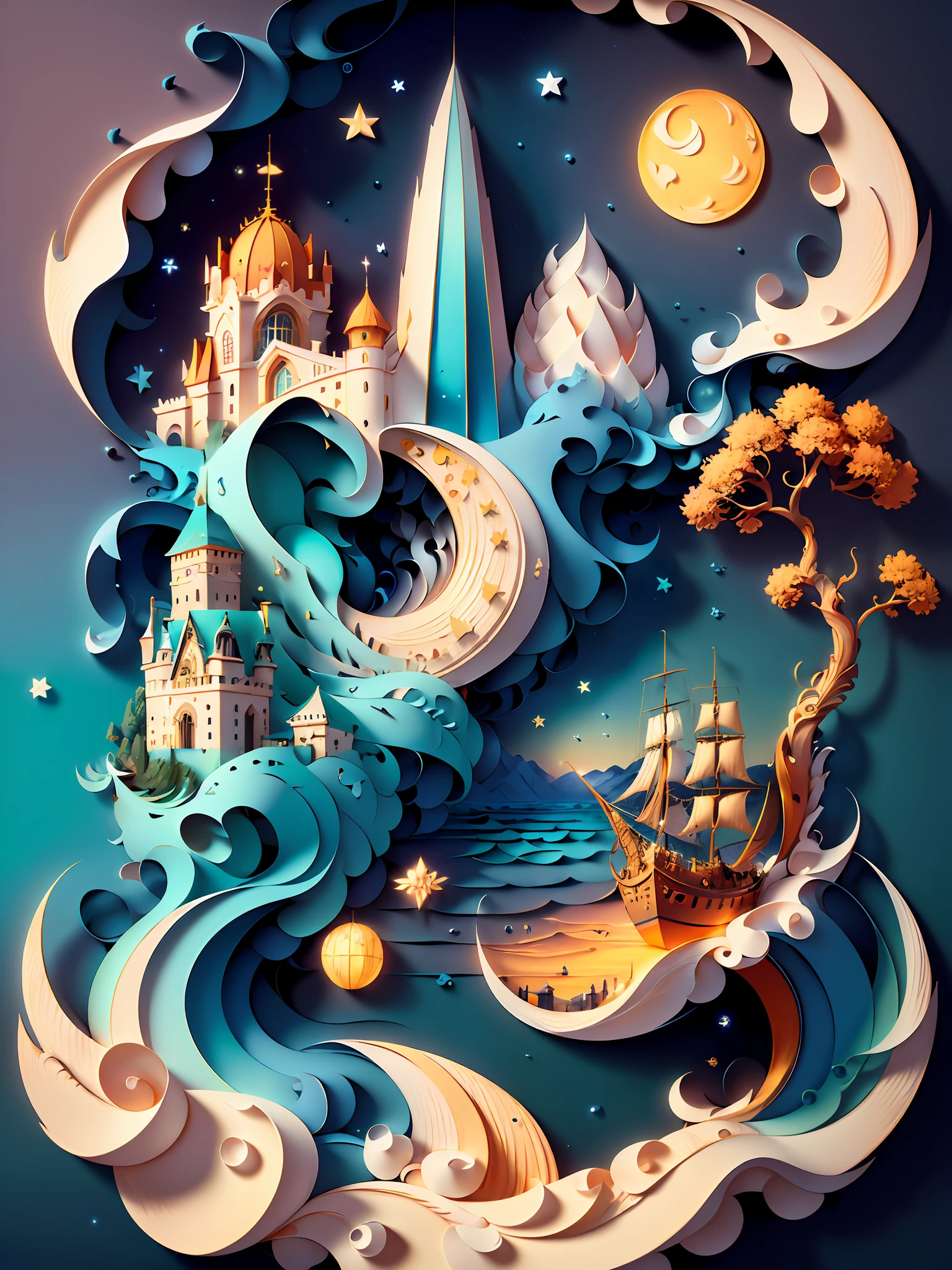 (((masterpiece))),best quality, illustration,  sky, cloud, water, star \(symbol\), tree, no humans, night, bird, moon, building, star \(sky\), night sky, scenery, starry sky, watercraft, castle, ship, waves, tower, boat. vibrant color scheme, Soft light,(warm color:1.2),Water color painting, light background, best quality exquisite details,3d rendering,Octane render, pastel, paper_cut