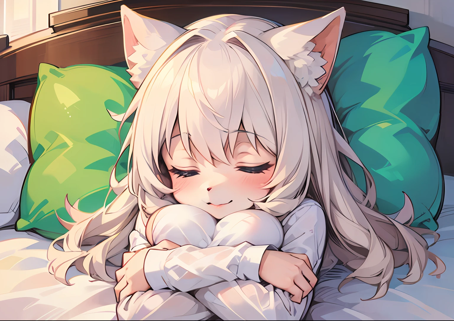 (High quality, Best Quality, anthro:1.4), (detailed closeup solo waist up body portrait of a mature female catgirl sleepeace wearing white pajamas with head on pillow:1.2), Arms crossed, depth of fields, White cat ears, White cat tail, White fur, White skin, white tuft, Cute face, medium breasts, well-drawn hands, an legs, Cozy, Eyes closed, Indoors, Bedroom,