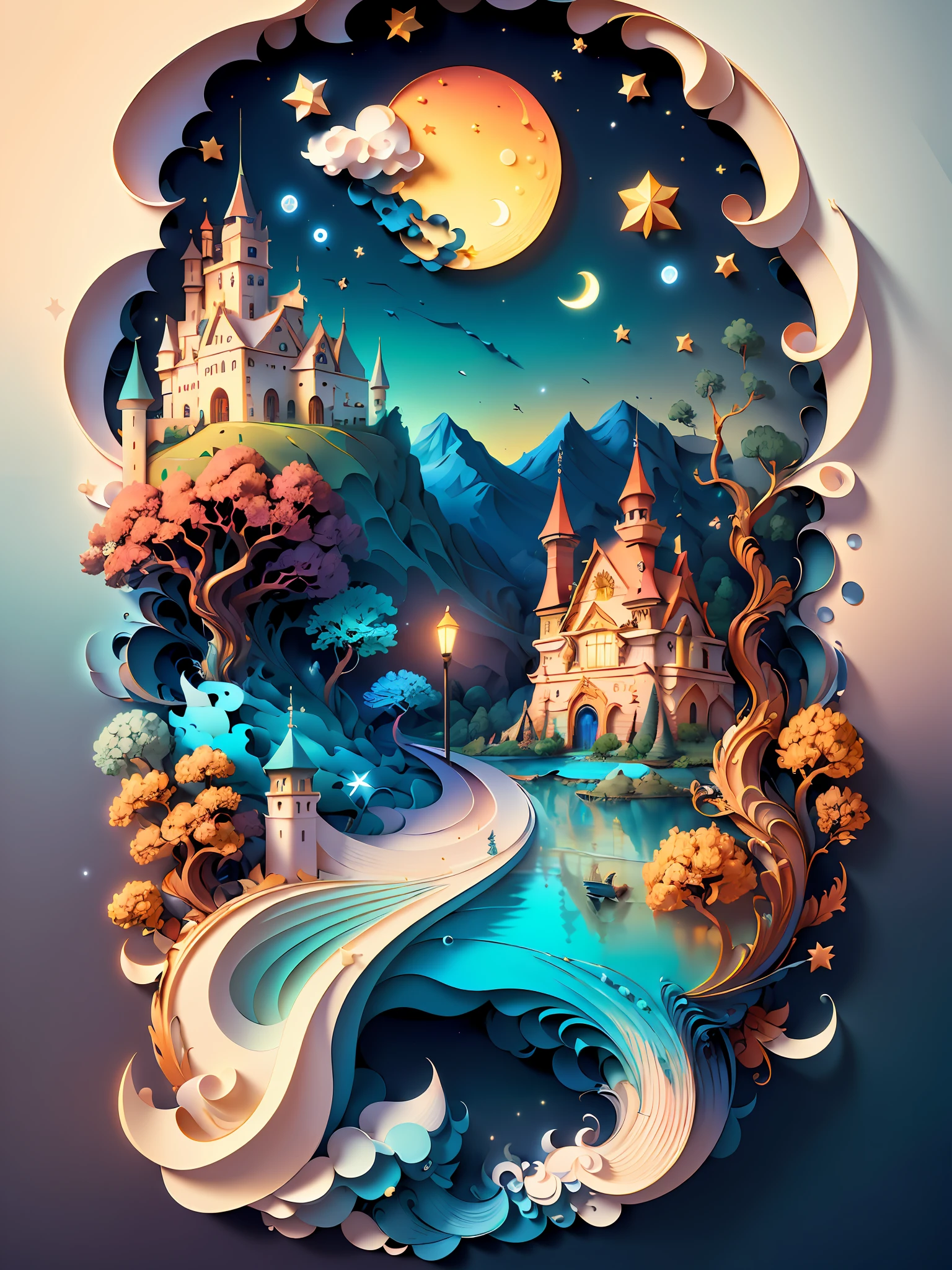 (((masterpiece))),best quality, illustration, sky, cloud, water, star \(symbol\), tree, no humans, night, bird, moon, building, star \(sky\), night sky, scenery, starry sky, watercraft, castle, ship, waves, tower, boat. vibrant color scheme, Soft light,(warm color:1.2),Water color painting, light background, best quality exquisite details,3d rendering,Octane render, pastel, paper_cut