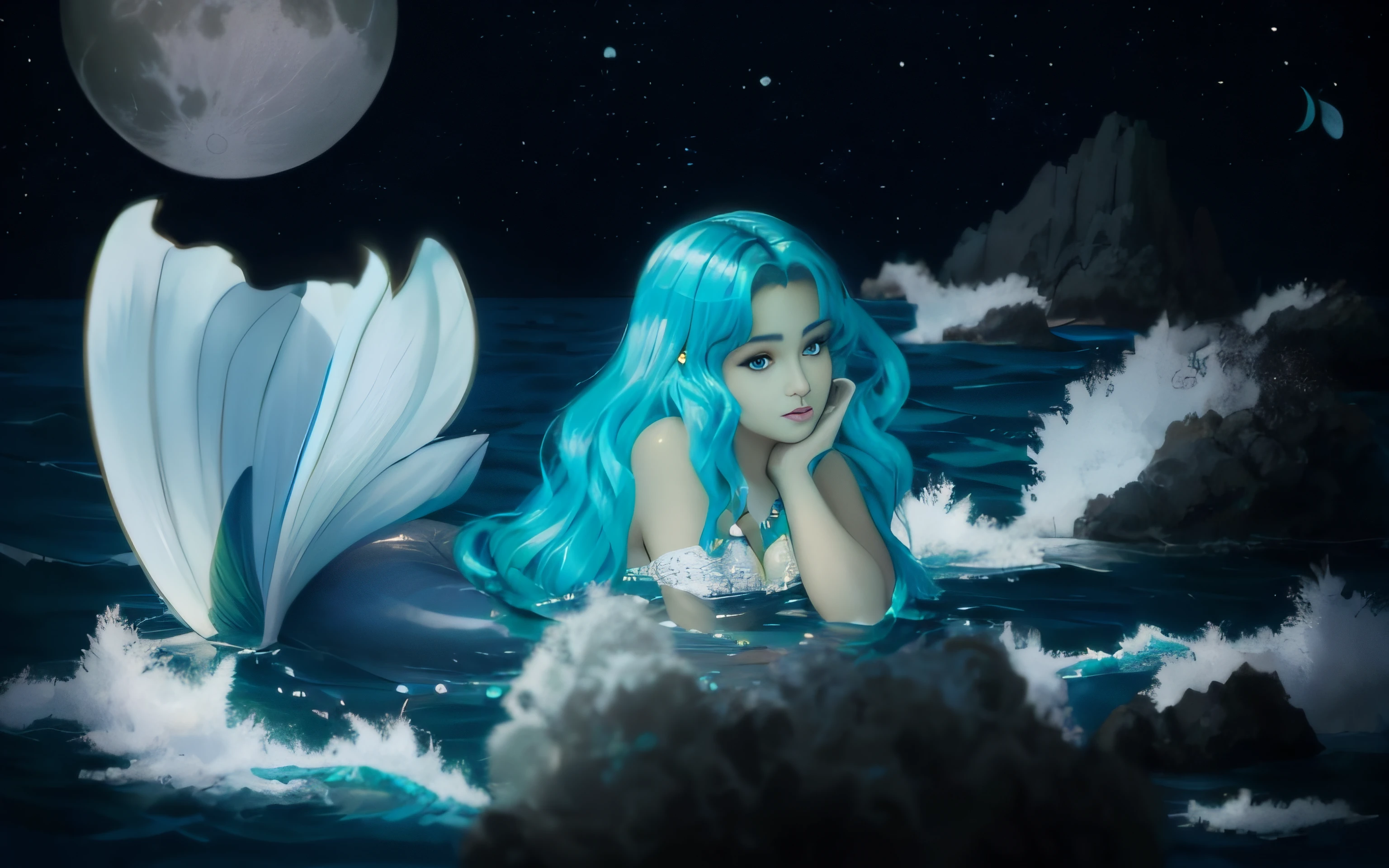 Sereia gorda sentada em uma rocha no oceano com uma lua cheia ao fundo, Deusa do Oceano, noite calma. digital illustation, sereia, uma sereia no mar, Deusa do Mar, mermaid in distance, No estilo de arte de Bowater, sereia bonita, stylized digital illustration, Retrato da Sereia, ariana grande as a sereia, manter cores, cores originais, corrigir olhos, Corrects hands, corrigir rosto, cauda escama, sereia azul, sereia verde, manter cores