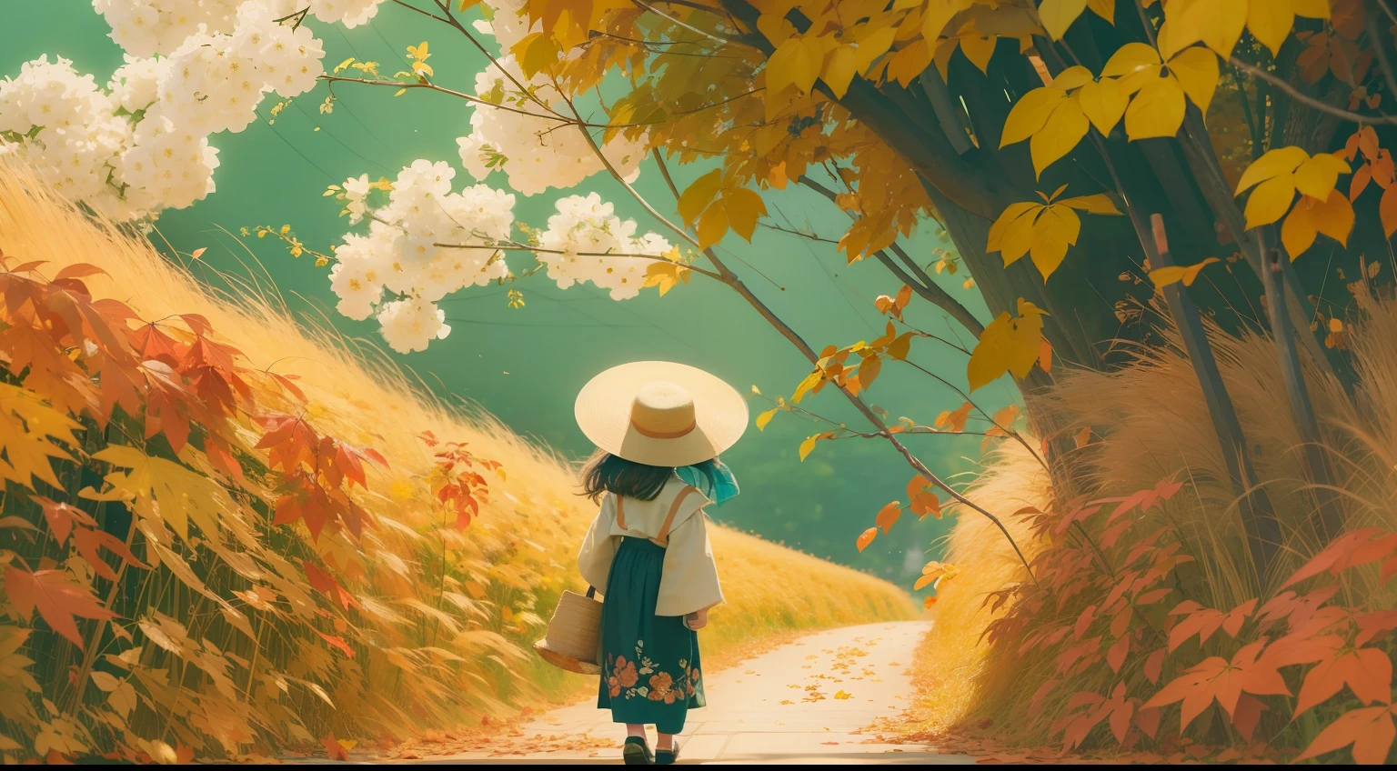 Make a picture of Grain in Start of Autumn, Chinese solar terms, gradient background,, fresh revival of all things, maidenhair tree, A little girl with a hat in the distance,sense of light,, rich and saturated colors, exquisite details, exaggerated technique, flat illustration, Victo Ngai Style, Chinoiseriester, 16K