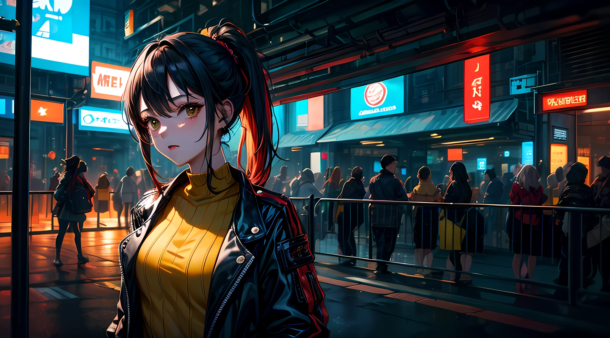 Masterpiece, Highest quality, Realistic, Subsurface scattering, colored lighting,a color, Red + Yellow + Green + blue limited color palette, detailed conceptual drawing, line-art, illustration,Cyberpunk,18 years old 1 girl,Small breasts,extrovert,pony-tail hair, punk clothing,tiese,pleated,American city,club, People,Moist detail background