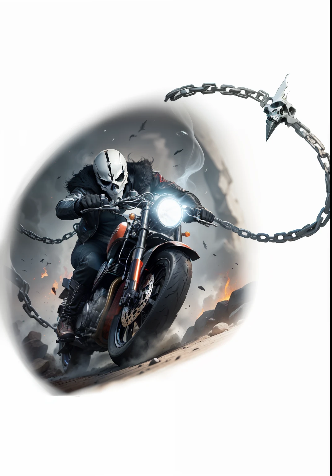 Hyper realistic image of the Ghost Rider has a burning skull that emits an unearthly and menacing glow. Skeletal skin: His skin is represented as a skeleton, often displaying the bones and details of the skull. Motocicleta infernal: Ele monta uma motocicleta negra com chamas saindo do escapamento, criando um efeito sombrio enquanto se move. Olhos ardentes: His eyes are portrayed as two burning flames, emitindo um olhar penetrante e assustador. Jaqueta e corrente: The Ghost Rider is often seen wearing a black leather jacket and carrying a chain with hooks. smoke effect: Quando se transforma no Motoqueiro Fantasma, It is common to show an effect of smoke or flames arising around you. Flamingo Penance Stare (Olhar do Pecado em Chamas): He has the power to look into the eyes of his enemies and make them experience all the pain they have caused others.