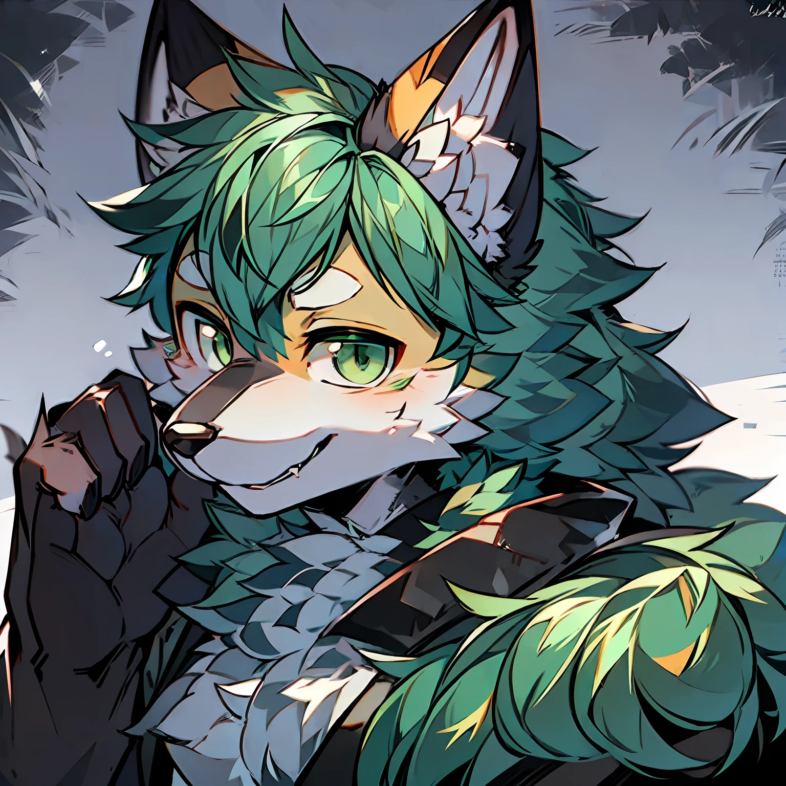 solo person，shaggy male，Wolf dog，canid，Black and white fur，Green hair，greene eyes，Detective，The lower part of the ear is black and the upper part is white