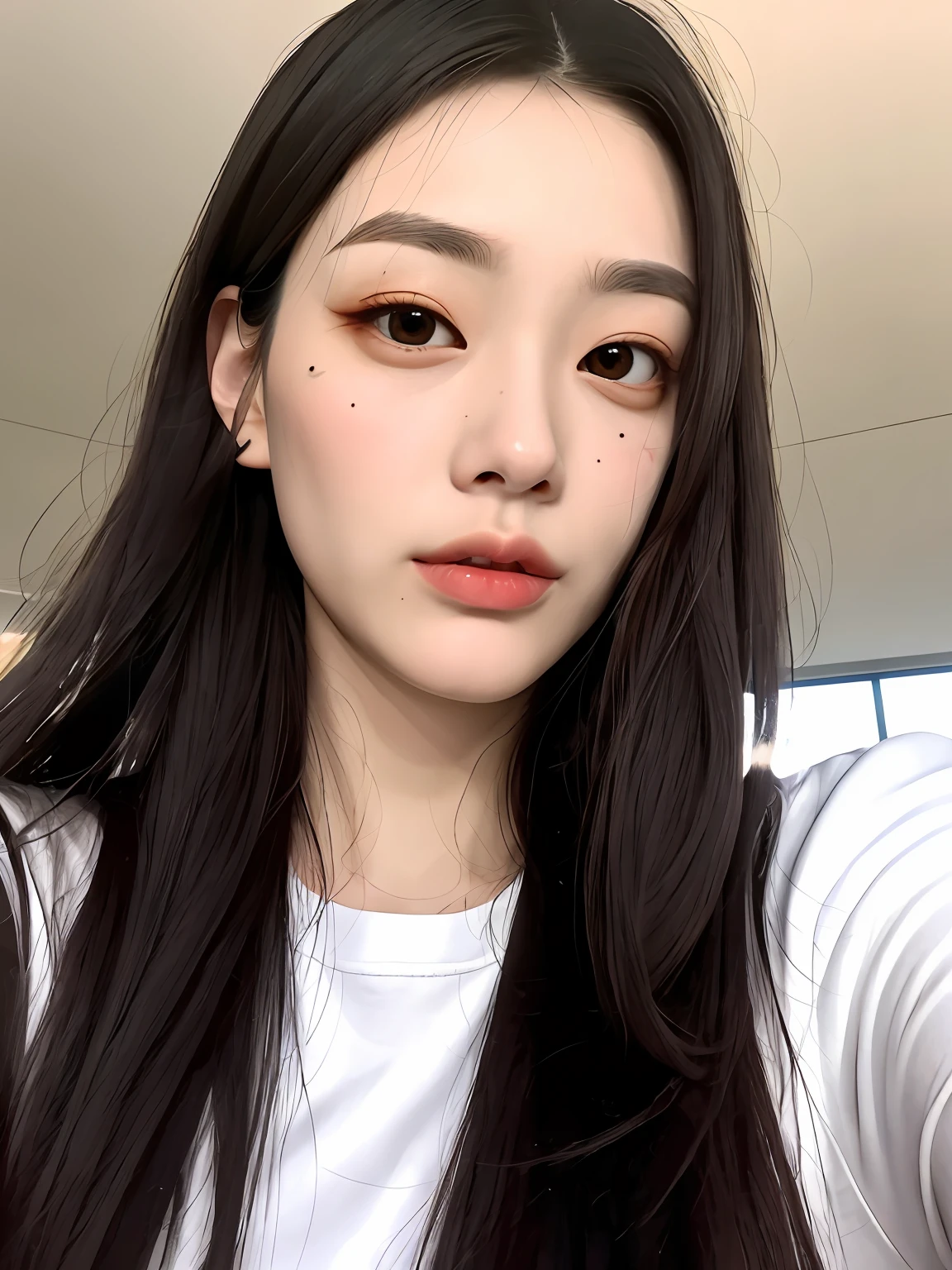 "Big pigeon eyes, high nose, slightly thick upper lips, long black hair reaching the waist, a mole on the left side of the upper lip near the nasal septum, looking cool with a playful and childish face, V-line chin."