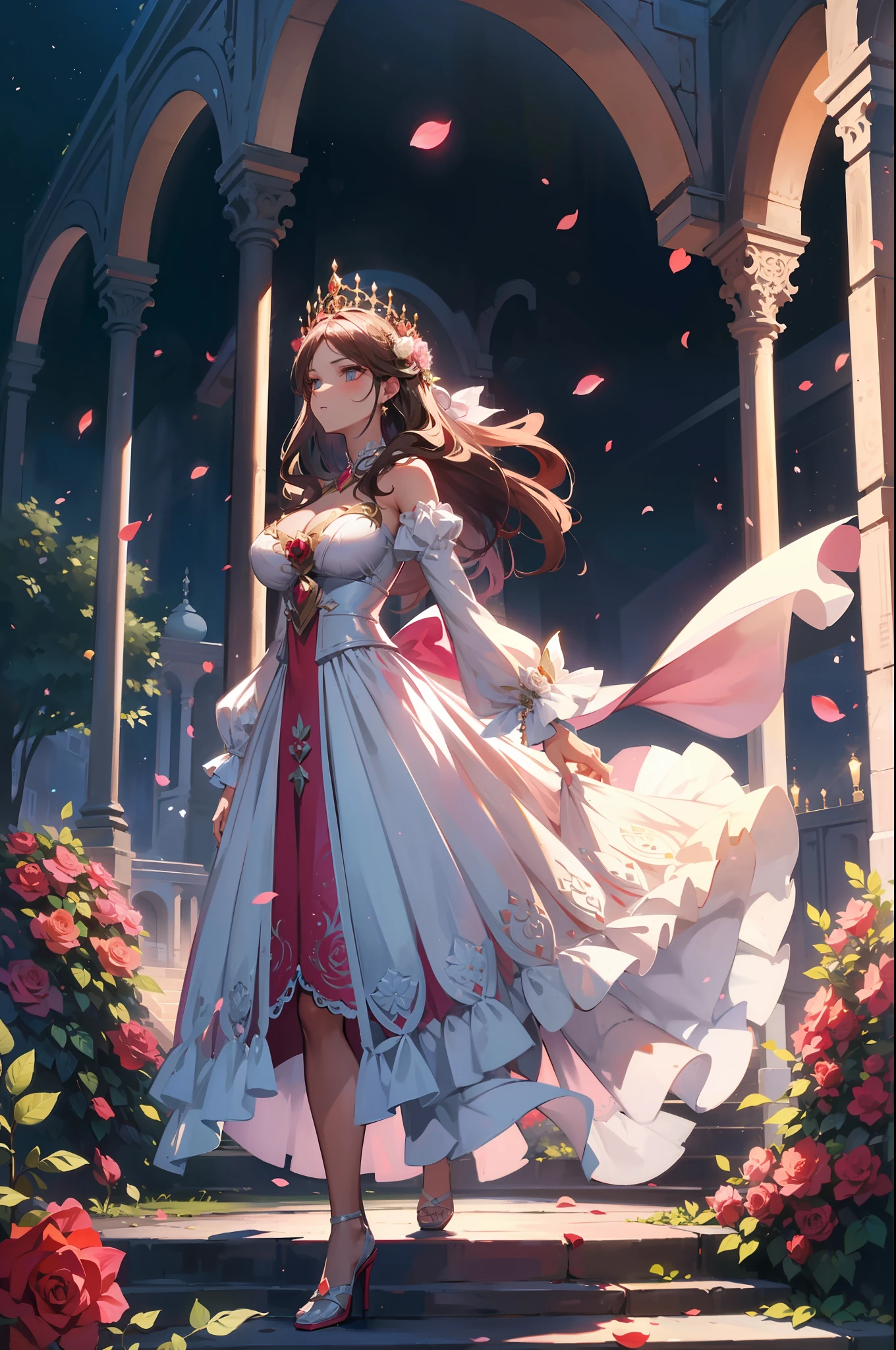 The most beautiful rose bush imaginable and an incredibly elegant young woman, superbly hairstyled, Espectacularmente maquillada y con un vestido deslumbrantemente fabuloso. In a dream garden on a magical night. (obra maestra) (mejor calidad)