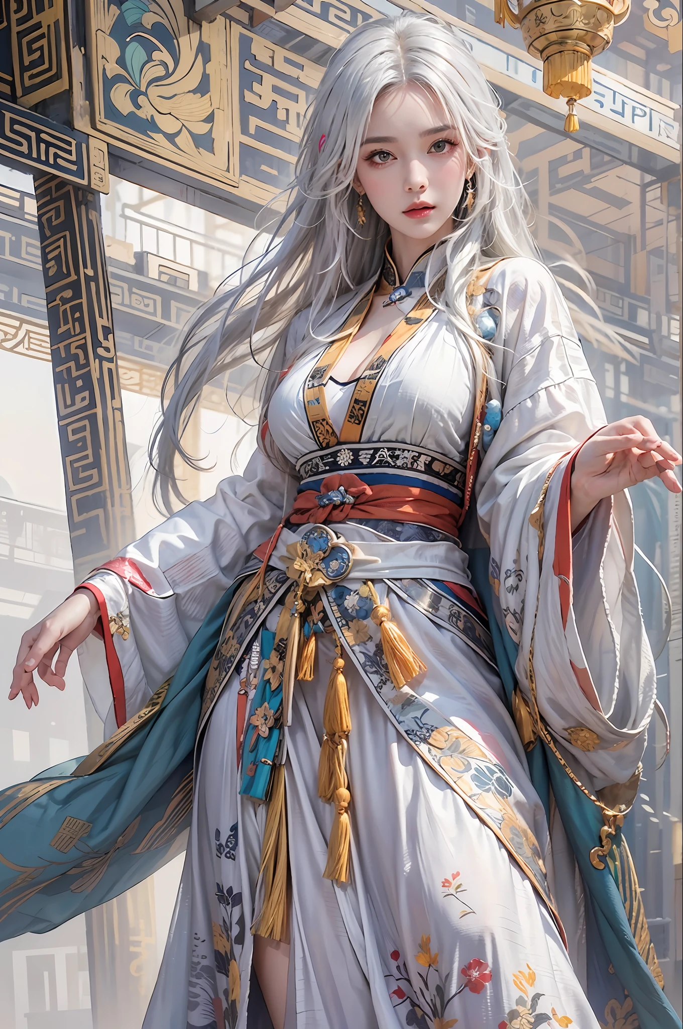 photorealistic, high resolution, 1women, solo, hips up, look at viewer, (detailed face), white hair, long hair, colorful Taoist robe,oversized clothes, jewelry