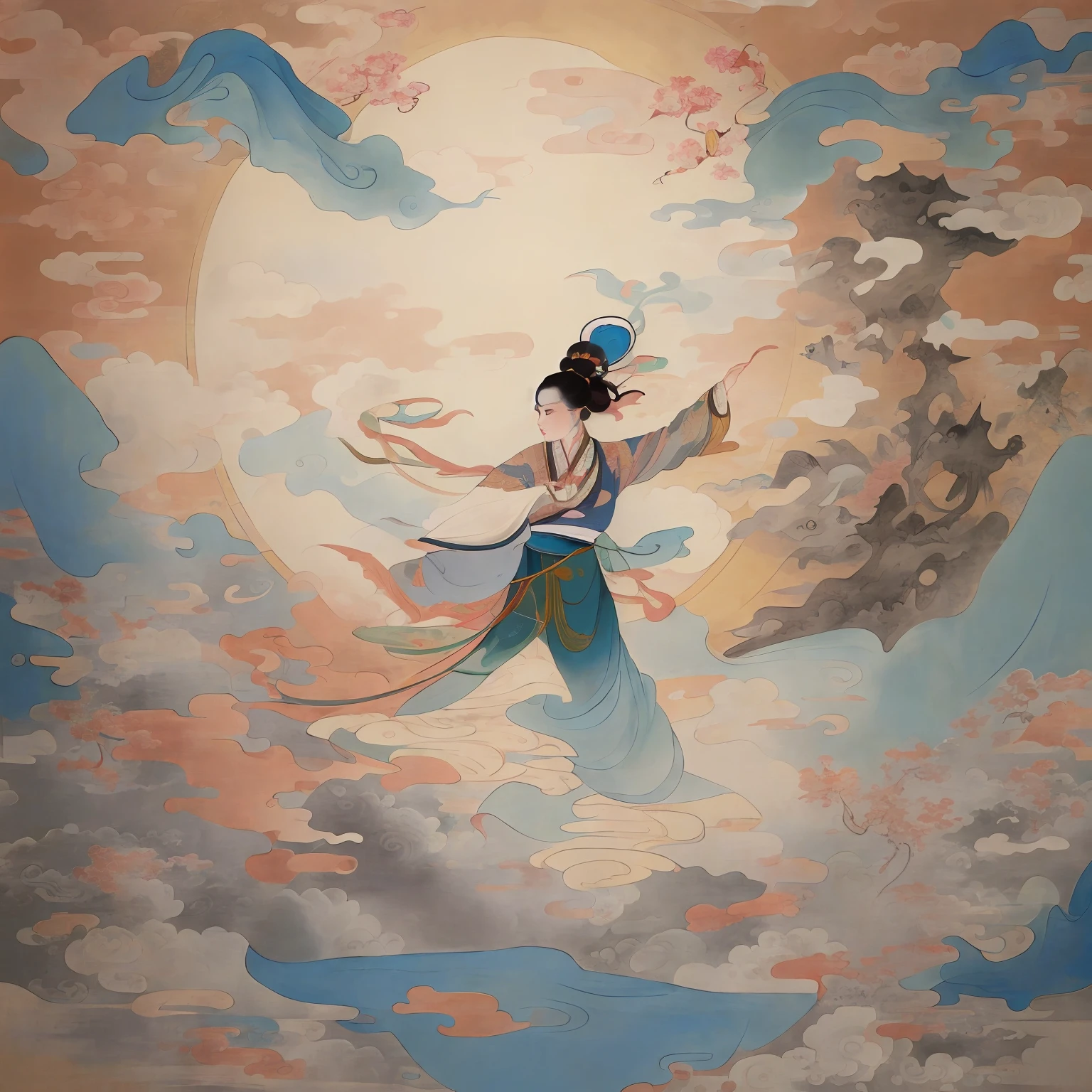 Painting a woman in a blue dress flying through the air, chinese surrealism, brittney lee, inspired by Tosa Mitsuoki, an illustration of inspired by Victo Ngai, Onmyoji detailed art, su fu, Inspired by Qiu Ying, author:Qu Leilei, author:Chen Jiru, inspired by Chen Rong, A beautiful artwork illustration,Dunhuang murals