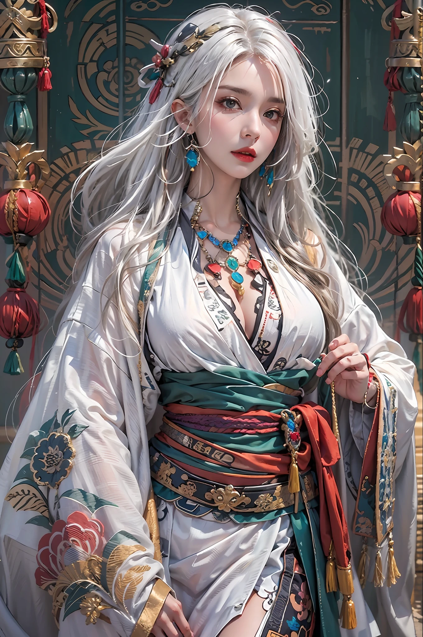 photorealistic, high resolution, 1women, solo, hips up, look at viewer, (detailed face), white hair, long hair, colorful Taoist robe,oversized clothes, jewelry