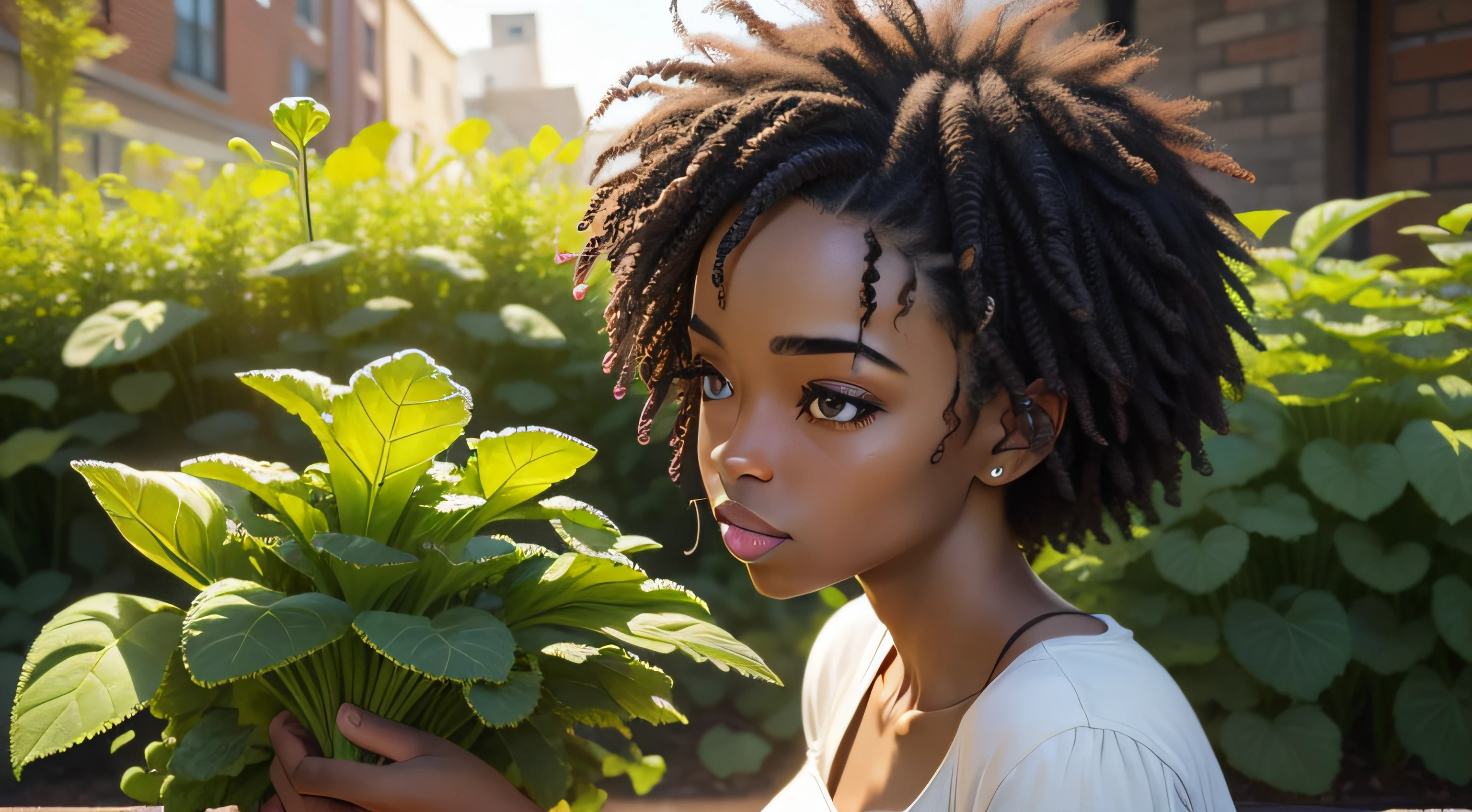 african american woman tending to kale in communal urban garden