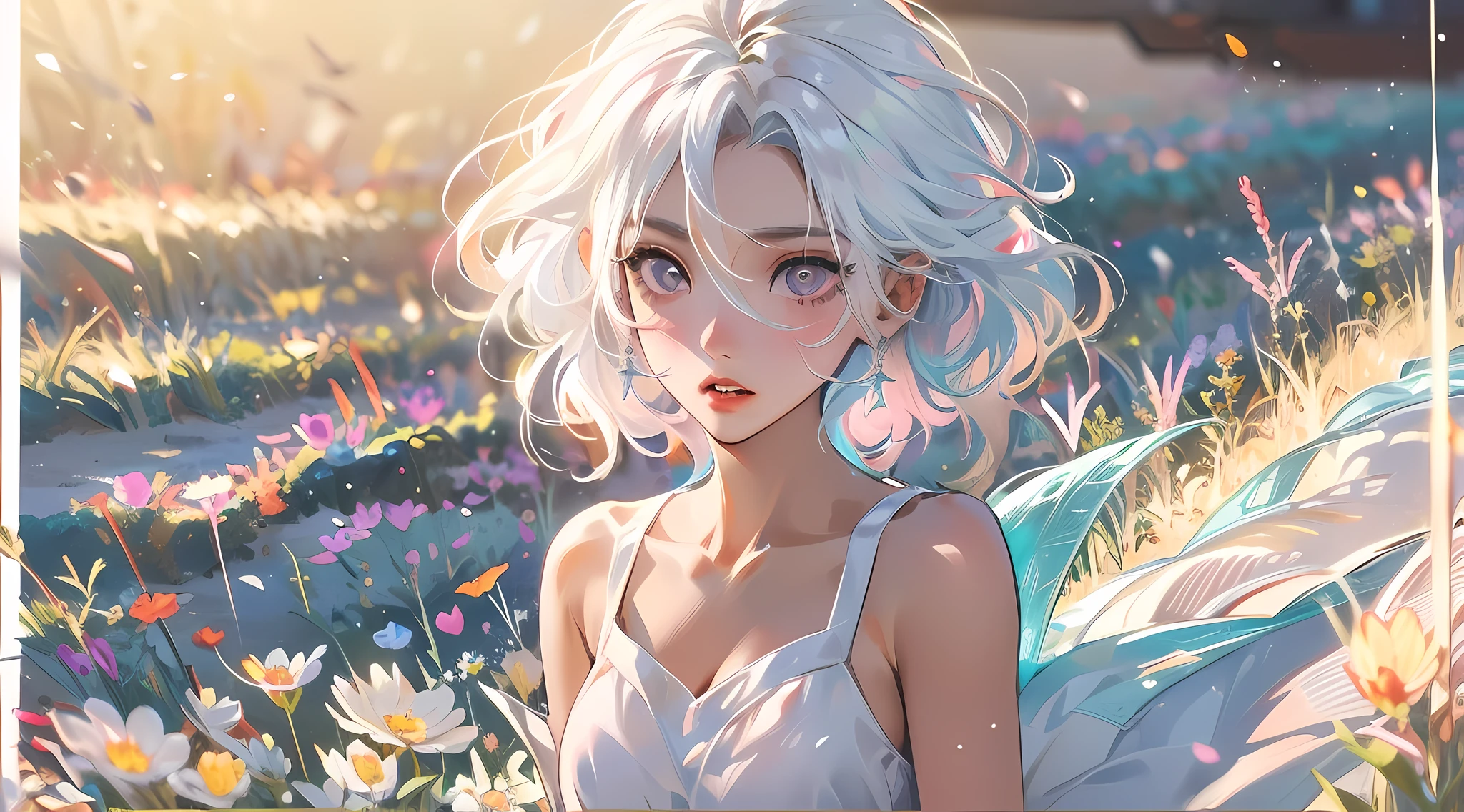 Realistic, 1girl, white hair, purple eyes, glowing eyes, cropped top, skirt, parted lips, blush, night, flowers, sun, sunlight, white skirt, short skirt, medium length hair, real, warm colors, white short Dress, white clothes, light background color, day environment, bright color background, saudi, ocean, cute,