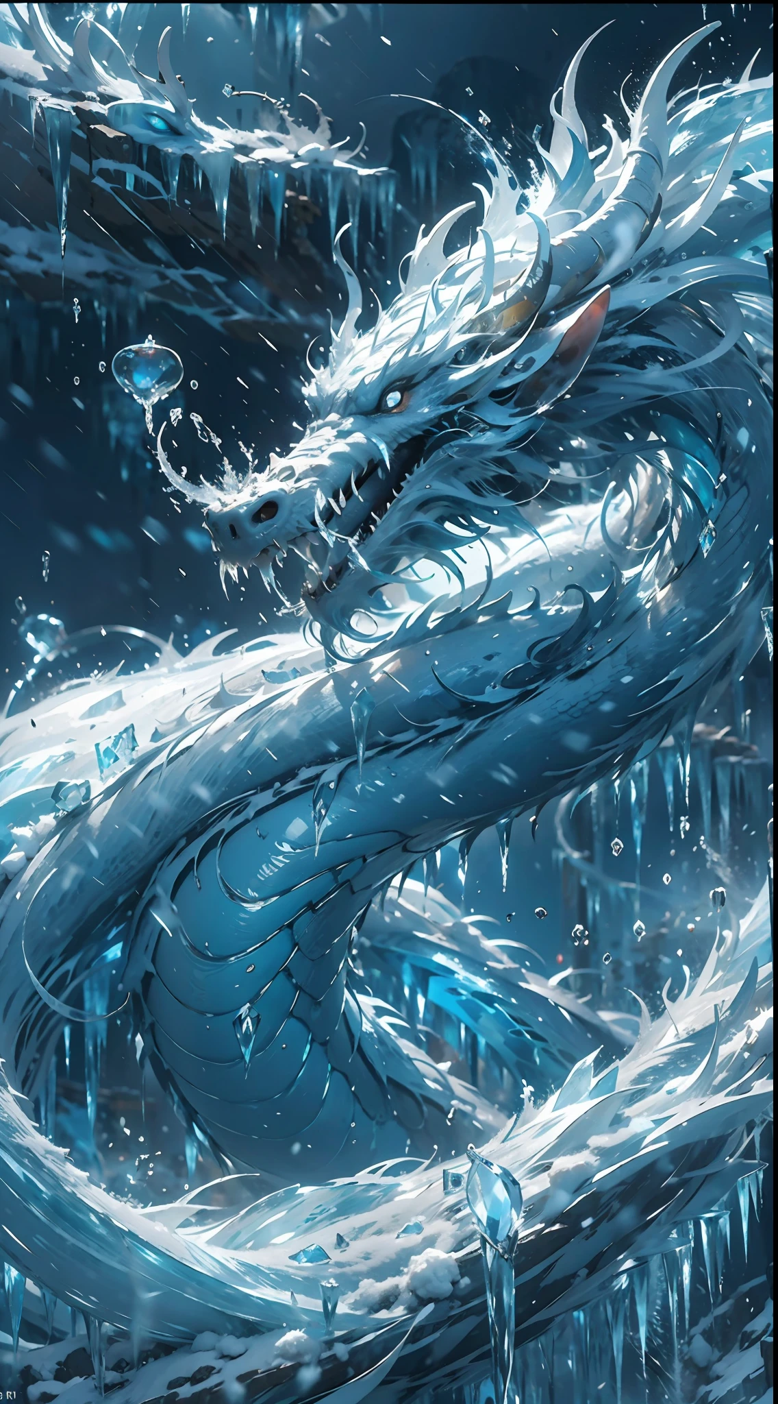 (((1girll)))，（Perfect facial features：1.4），Wearing ancient Chinese Han costumes，icey，ice wings，Splashed liquid，Wavy liquid，airbubble，standing on water，There was a huge ice dragon behind him，drak，wave，Blue glow，（Frost wings），(((Powerful ice magic)))，(((Icicles)))，Towering over the landscape，Blue light cold light，(((Ice storms)))，Wind，((Flying snow ice and snow))，Amazing results，,best qualityer,tmasterpiece,超高分辨率,finely detailled,Complicated details,8K分辨率,8KUCG wallpaper,hdr,water blue,Magic Array,Cinematic lighting effects,lightand shade contrast，Ray traching、NVIDIA RTX