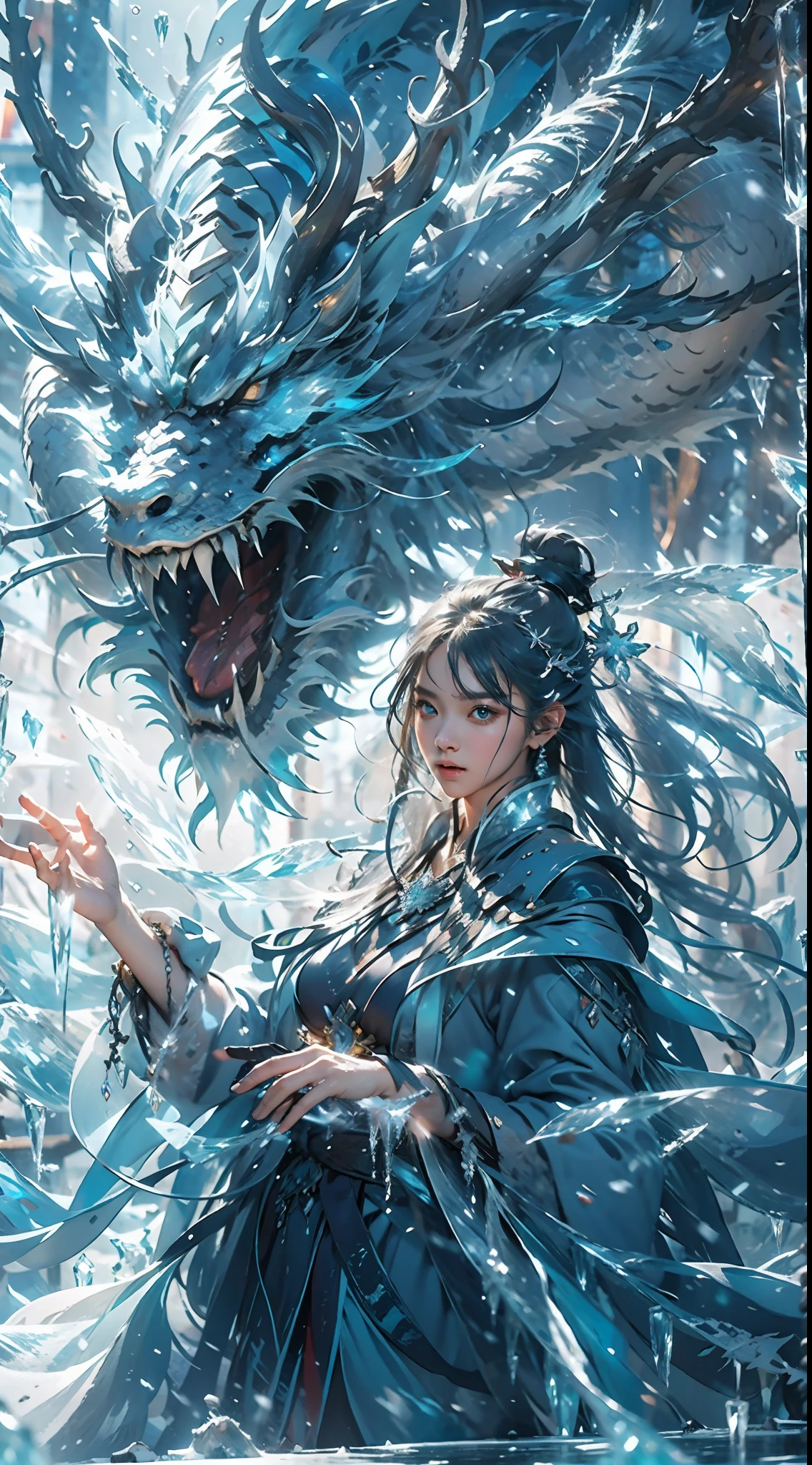 (((1girll)))，（Perfect facial features：1.4），Wearing ancient Chinese Han costumes，icey，ice wings，Splashed liquid，Wavy liquid，airbubble，standing on water，There was a huge ice dragon behind him，drak，wave，Blue glow，（Frost wings），(((Powerful ice magic)))，(((Icicles)))，Towering over the landscape，Blue light cold light，(((Ice storms)))，Wind，((Flying snow ice and snow))，Amazing results，,best qualityer,tmasterpiece,超高分辨率,finely detailled,Complicated details,8K分辨率,8KUCG wallpaper,hdr,water blue,Magic Array,Cinematic lighting effects,lightand shade contrast，Ray traching、NVIDIA RTX