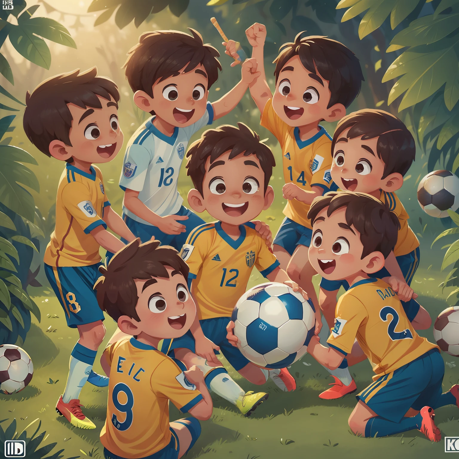 menino de 9 anos de idade, cabelos castanhos curtos, olhos castanhos, comemorando seu primeiro gol com sua equipe de soccer, muito felizes e sorridentes, estilo disney pixar, imagem 8k, ultra hd, todos com muita expressao.