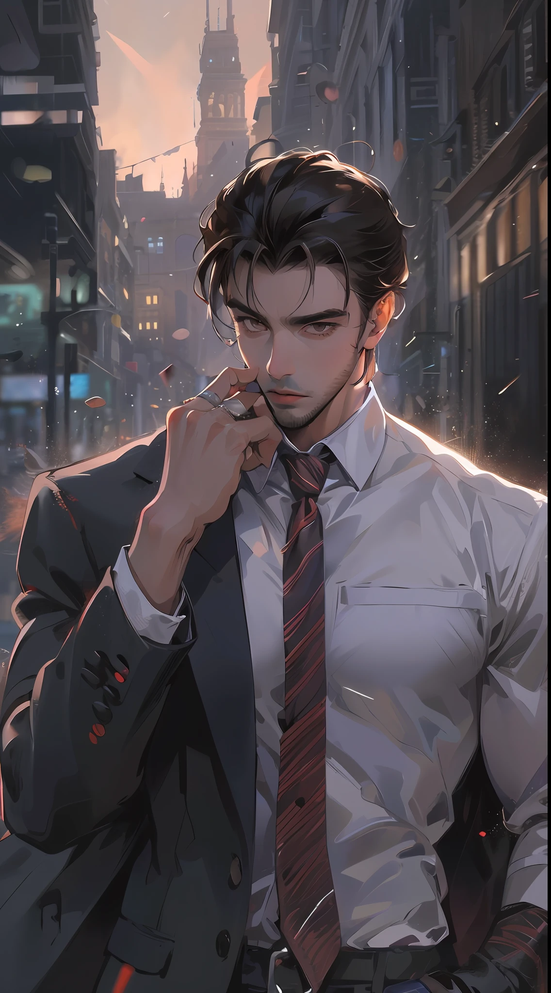 (absurdres, highres, ultra detailed, realistic, ), 1 male, solo, adult, mature, tall muscular guy, broad shoulders, handsome, very short hair, black hair, brown eyes, angular jaw, thick neck, thick eyebrows, night, dark, the night view of the city background, formal suit, necktie, upper body