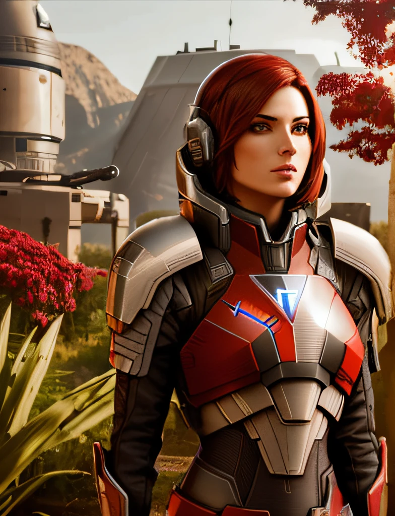 Araffe woman in armor, standing in front of a building, femshep, Wearing Mass Effect armor, Kommandant Shepard, Mass Effect Fantasy, Mass Effect-Stil, Von Mass Effect inspiriert, Bioware, Alena Aenami und Android Jones, weibliche rothaarige Templerin, Dressed in a sci-fi military armor, N 7 Armor, inspiriert von Marek Okon