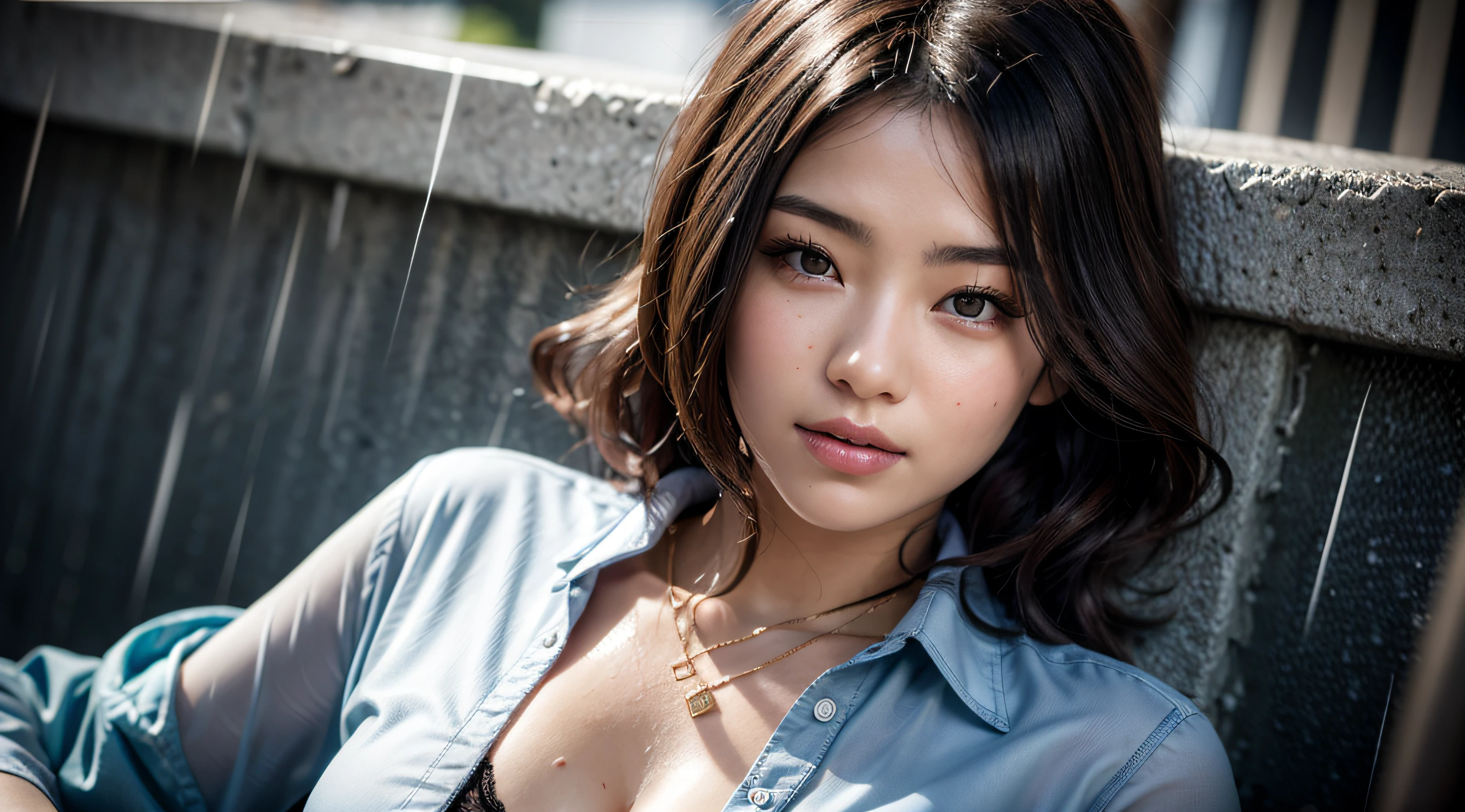 (realistic:1.3), finely detailed, quality, rembrandt lighting, (masterpiece:1.2), (photorealistic:1.2), (best quality), (detailed skin:1.3), (intricate details), dramatic, ray tracing, 1girl, japanese girl, 21 years old, detailed skin texture, (blush:0.5), (goosebumps:0.5), subsurface scattering, smiling, medium breasts, short hair curls, bangs, hair between eyes, wet hair, (white office shirt, shirt tucked in:1.2), wet, see-through, Bra visible through clothes, bra, (outdoors, heavy rain, portrait shot),