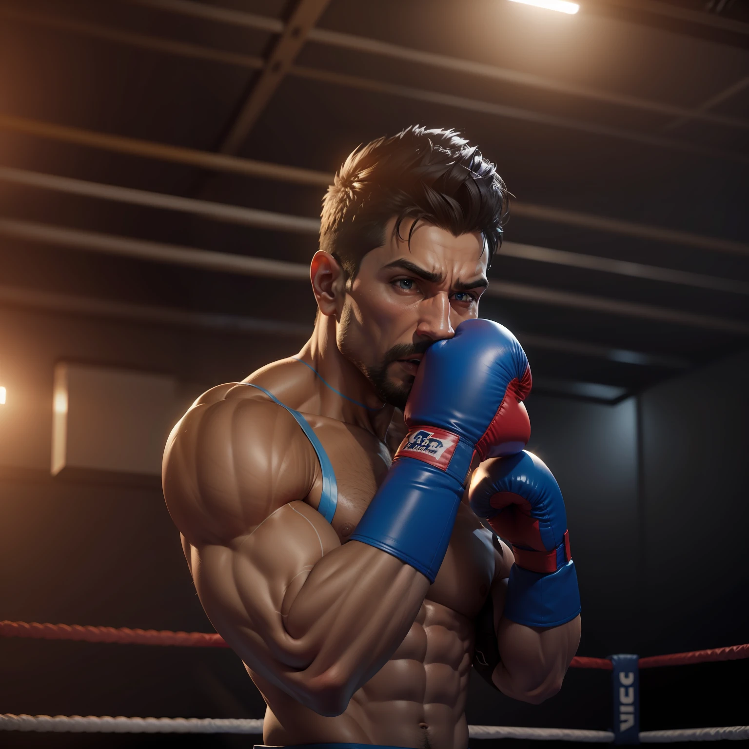 3d model, muscles,Indian,boxing gloves,boxing ring, background,8k,robotic left hand.