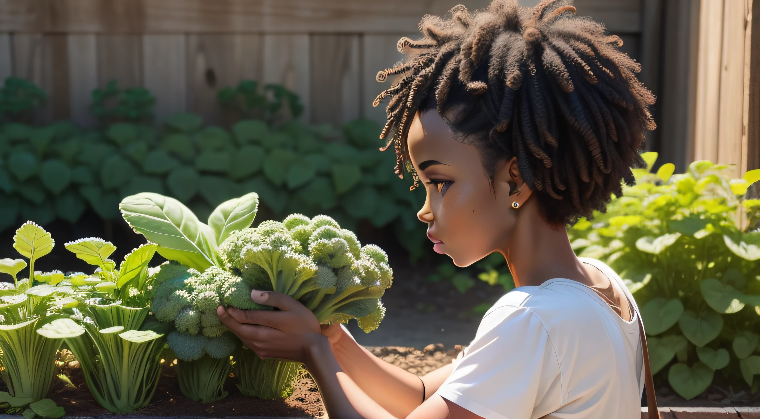 african american woman tending to kale in communal urban garden