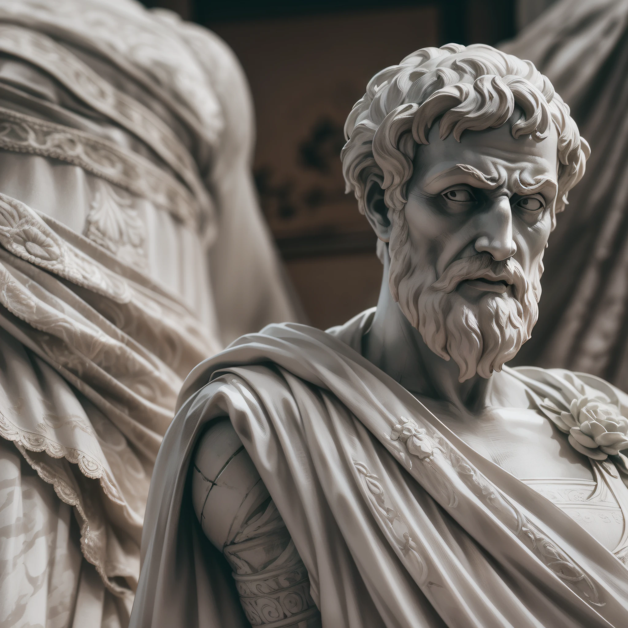 A realistic Greek white marble statue of aristotle brave scary detailed wearing a ghostly toga, fundo neutro, Moody, , fotorrealista, Scary Movie Dinner, super detalhada, hiper realista, luzes brilhantes, 8 K