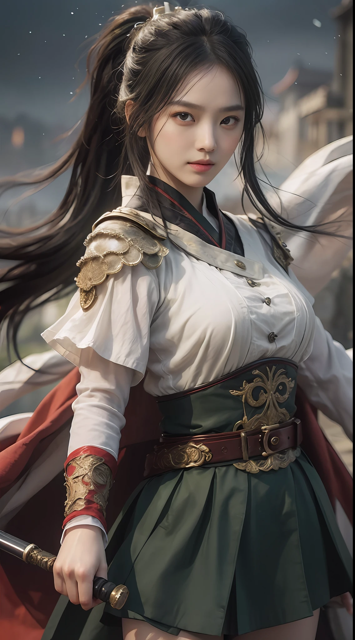 1 girl, (mature girl), slightly fat, female warrior, goddess Athena, anime girl, anime role play, realistic role play, willow eyebrows, handsome, yellow eyes, smile, black hair, yellow eyes, raised eyebrows, short ponytail, translucent skirt, long skirt, (dark green skirt), belt, shoulder armor, white cape, standing, black hair, long eyelashes, solid round eyes, red ears, fragrant, background blurred, starry sky background, standing on city wall, Chinese city wall, mountains, epic, surrealism, falling shadow, super detail, Accurate, Stereogram, Atmospheric Perspective, 8K, Best Quality