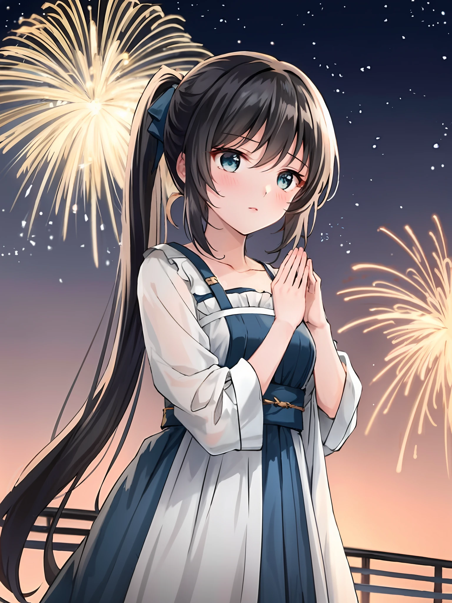 Girl Front half Hands folded in prayer Black hair Single side high ponytail Long mane Fireworks background Light cyan period costume