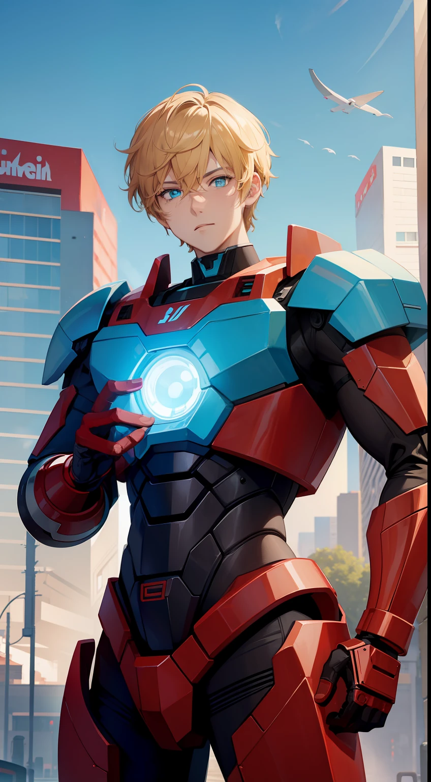 Young guy, short blonde hair, Cyan eyes, Autobot's red armor, Masterpiece, hiquality