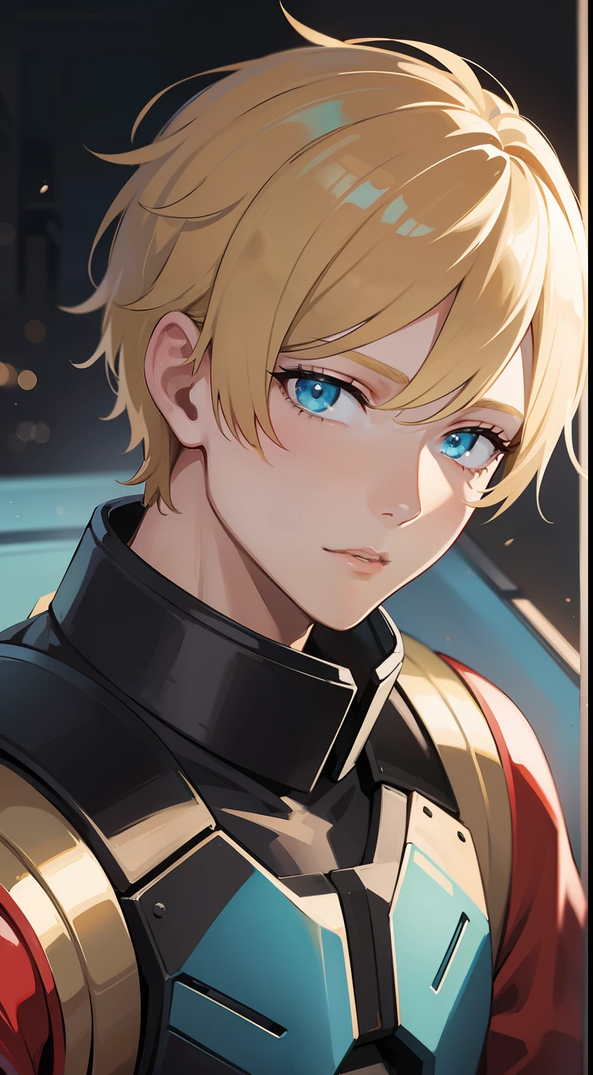 Young guy, short blonde hair, Cyan eyes, Autobot's red armor, Masterpiece, hiquality