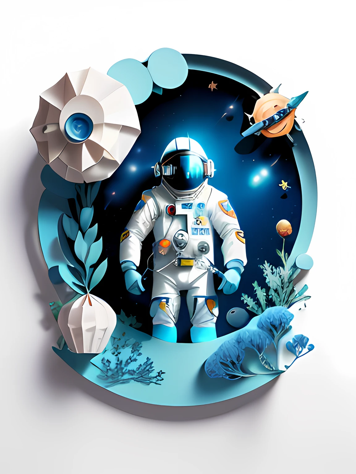 ((Masterpiece))), Best Quality, Light Blue Illustration, ((Astronaut)), Starry Sky, paper_cut, (White Background: 1.1)