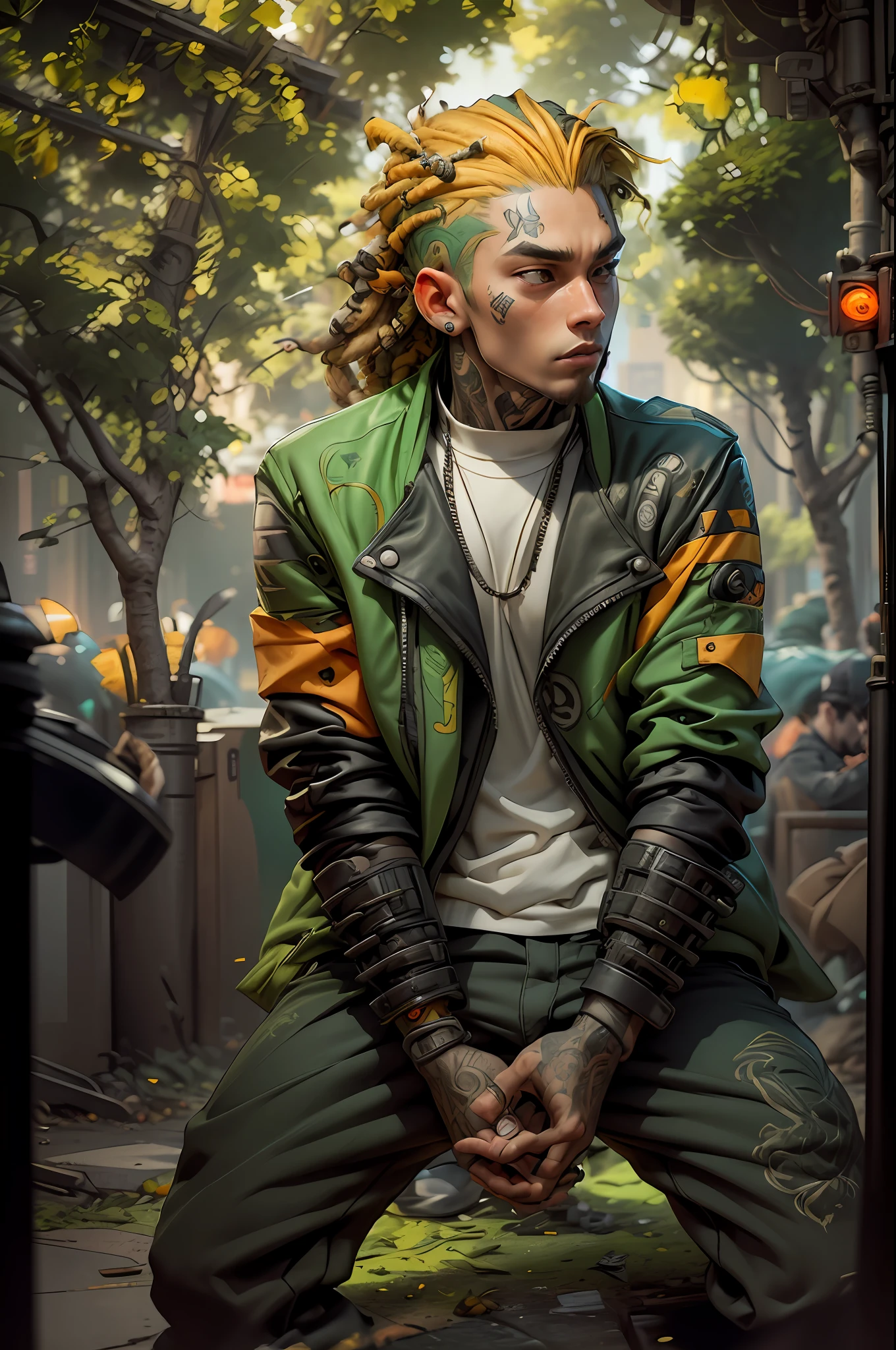 green:1.5, orange:1.1, white:1.3, yellow:1.3, (rapper with dread hair),tattoosfer clothes:1.2),abstract lines and circles background. Cyberpunk handsome boy real face and realistic real real onl real face plz please real face face matching