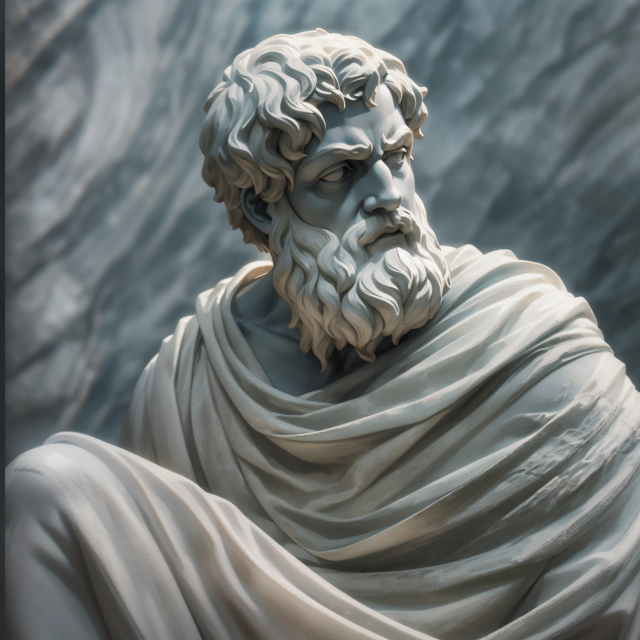 A realistic Greek white marble statue of thoughtful brave Aristotle detailed wearing a ghostly toga, fundo neutro, Moody, , fotorrealista, thoughtful movie dinner, super detalhada, hiper realista, luzes brilhantes, 8 K