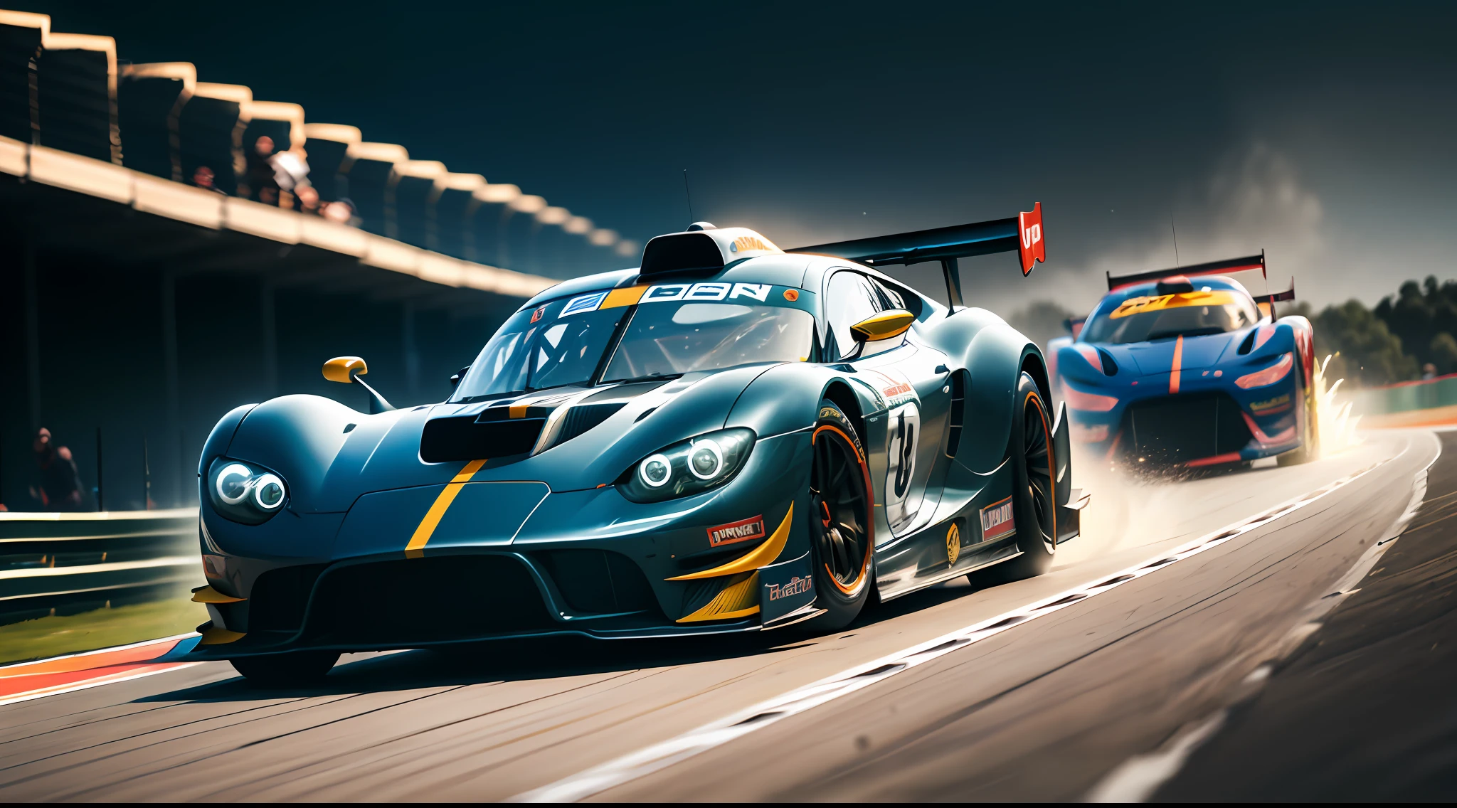 best quality, master piece，Race car, race track, speed, streamlined, winding, ups and downs, perspective, variations in thickness, flow lines, light and shadow, sense of motion, visual focus, outline, minimalism, geometric shapes, imagination,superspeed,lighting, motion blur, electricity,audience,cheer